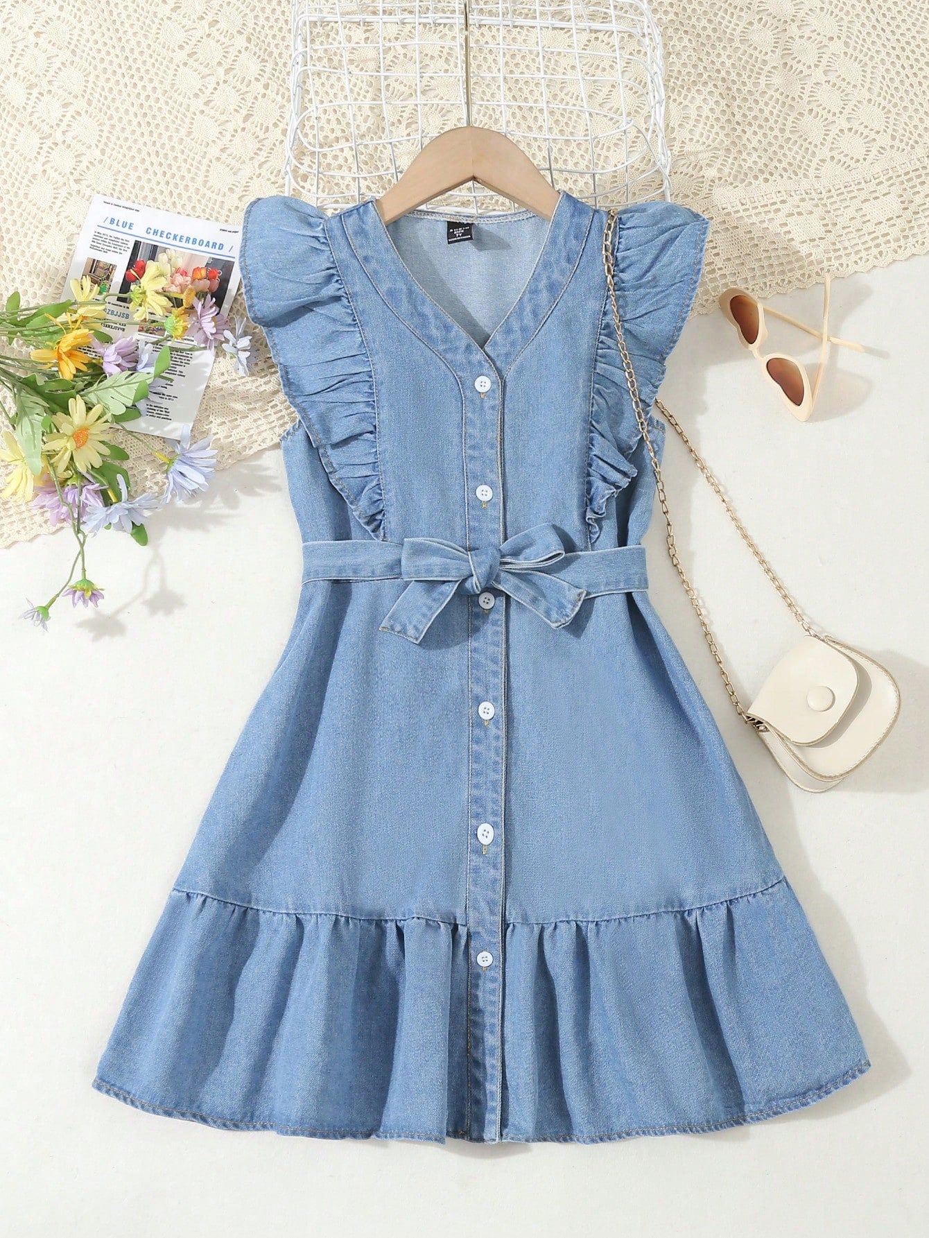 Young Girl  Vacation Casual Blue Washed Denim Dress With Ruffles, Cap Sleeves And Belt