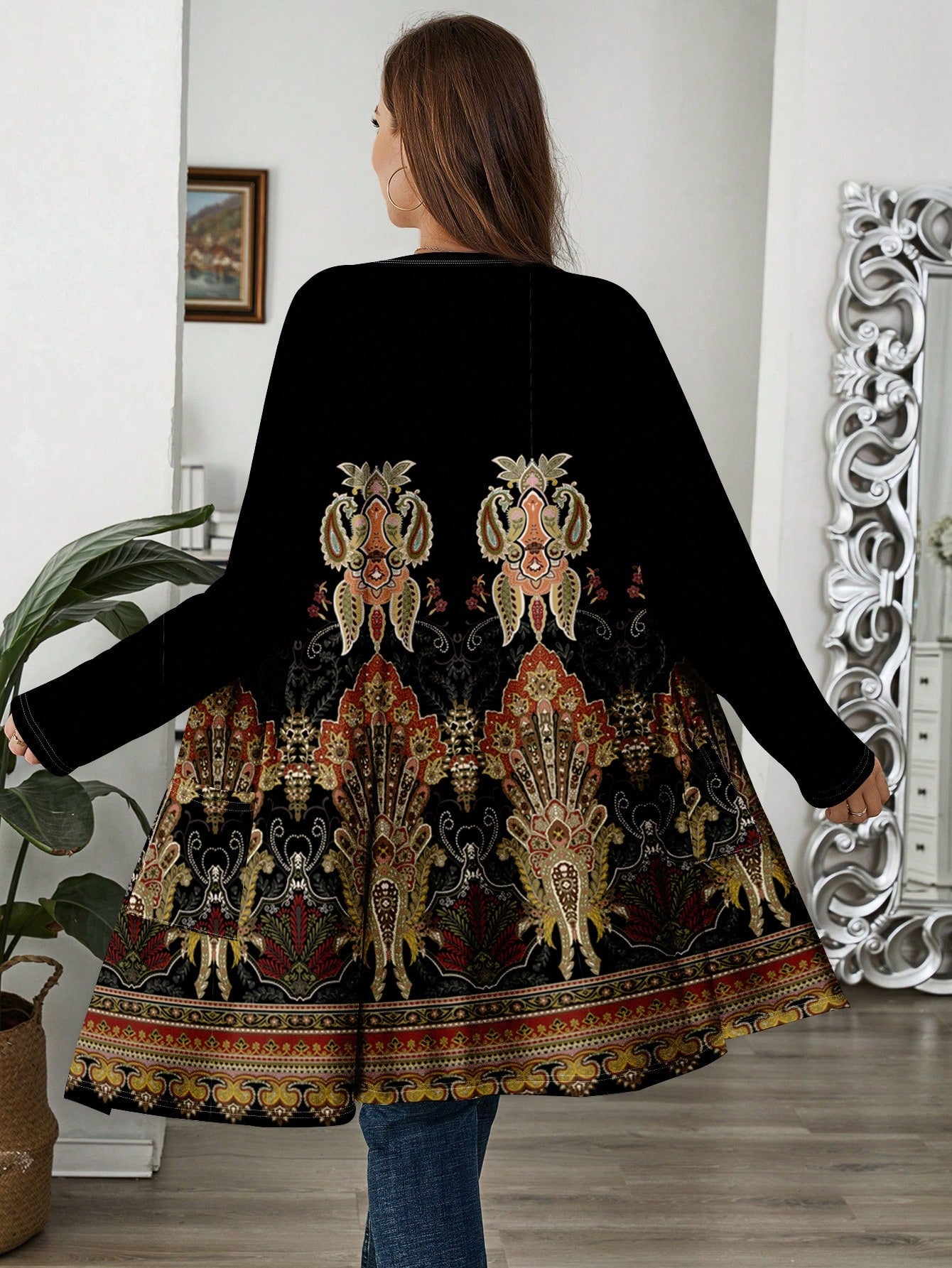 Plus Size Women's Casual Loose Fit Long Sleeve Floral Printed Cardigan Sweater For Fall