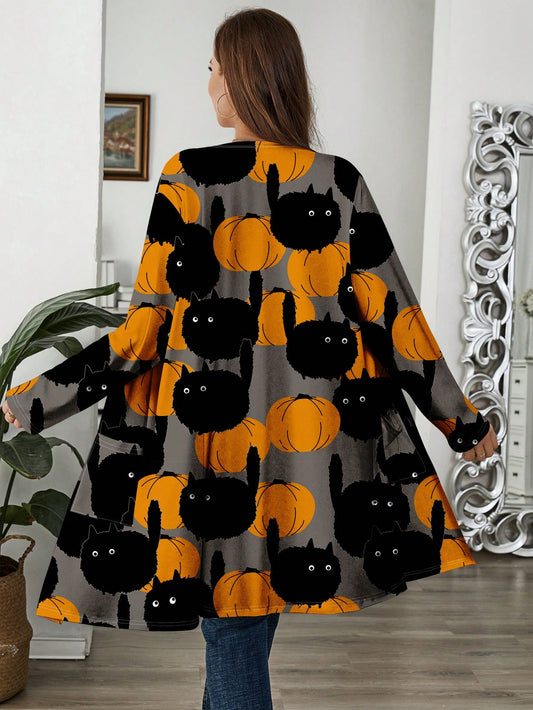 Plus Size Women's Fall Winter Casual Pumpkin Pattern Loose Thin Long Sleeve Cardigan Jacket