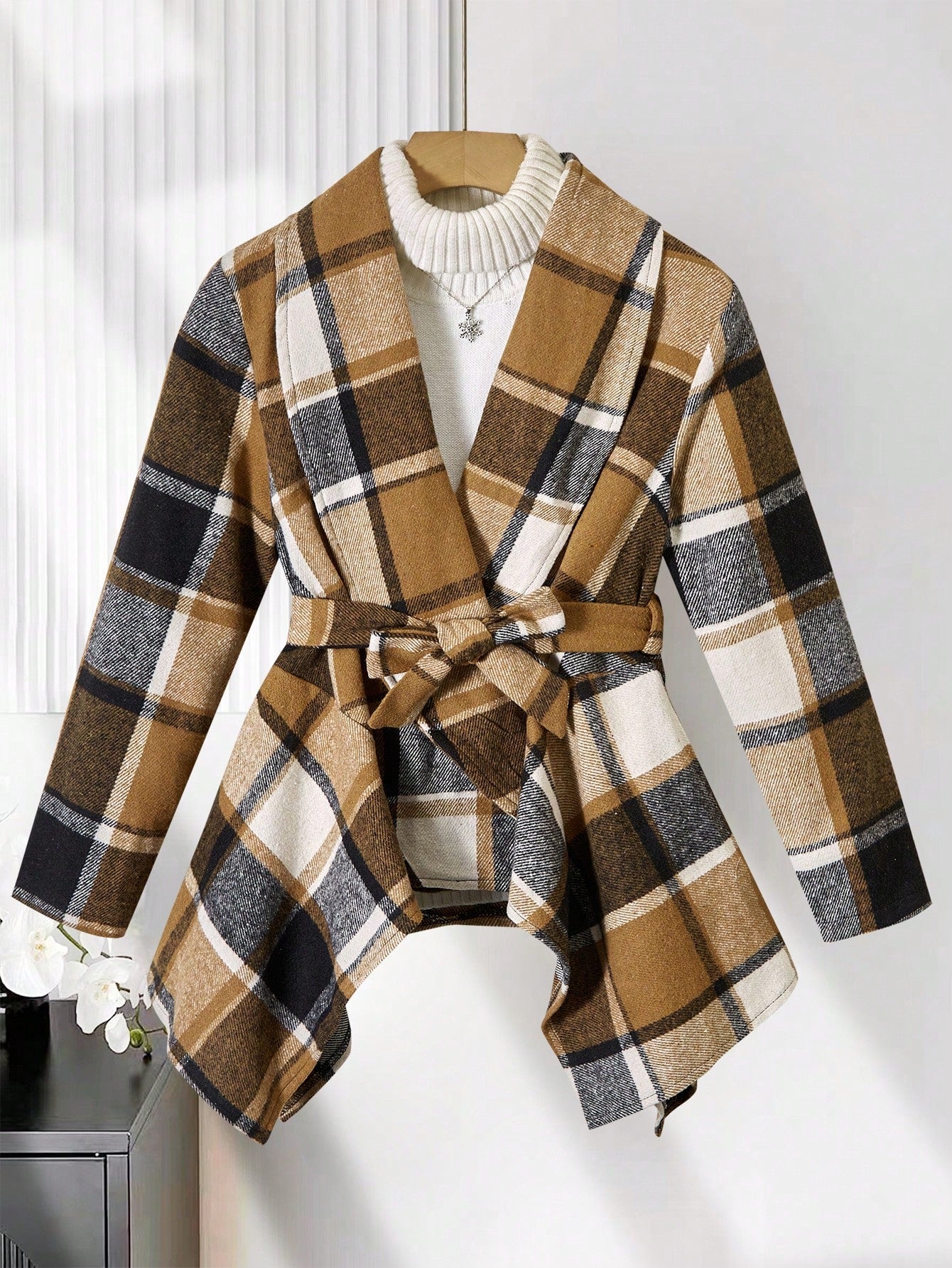 Asymmetrical Hem Waist Cinched Lapel Collar Plaid Jacket For Teen Girls, Fall/Winter, Vintage Lapel Design, Brown Tone, Casual & Work Suitable