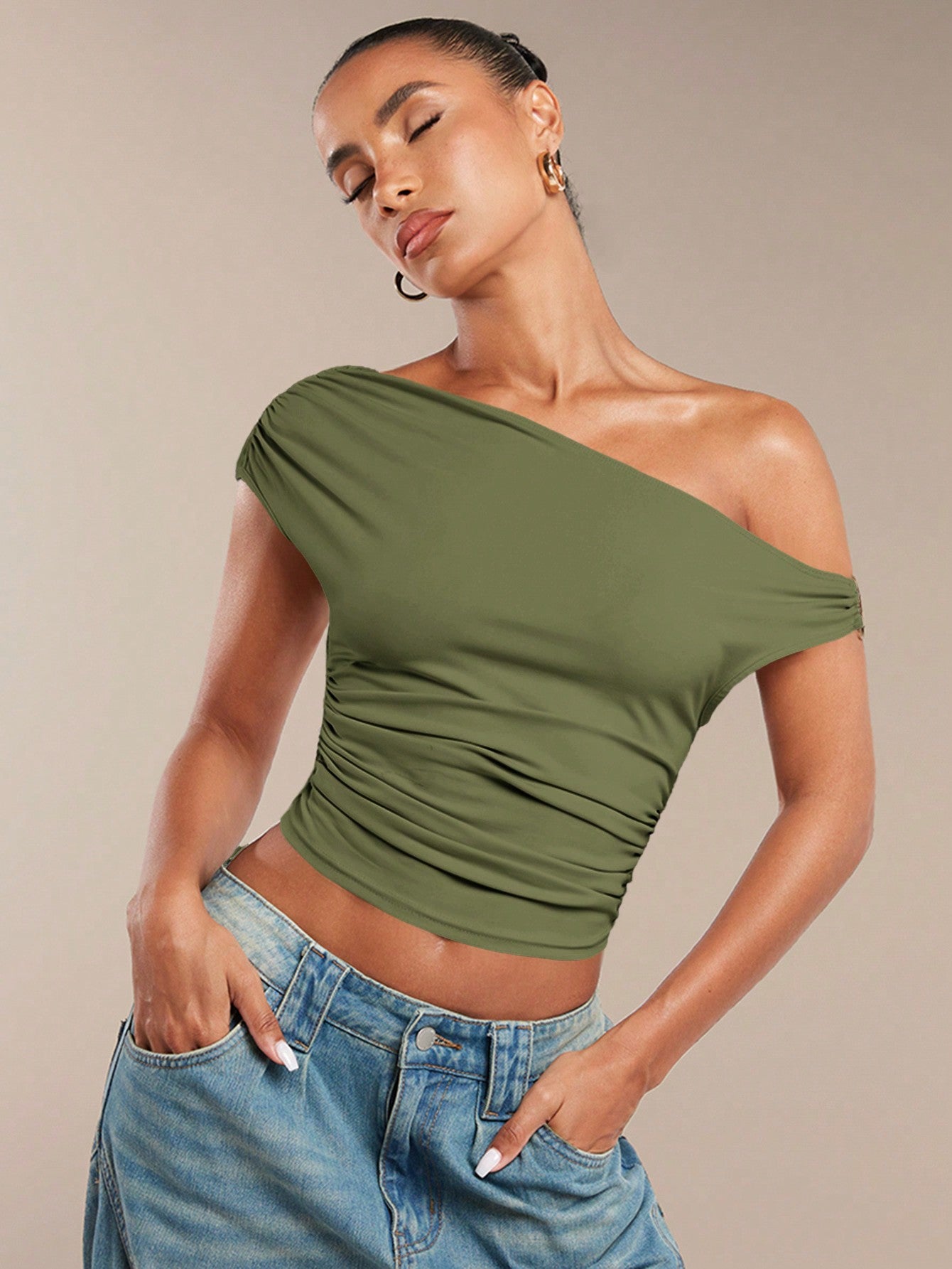 Ladies' Oblique-Shoulder Tight Crop Top, Suitable For Summer