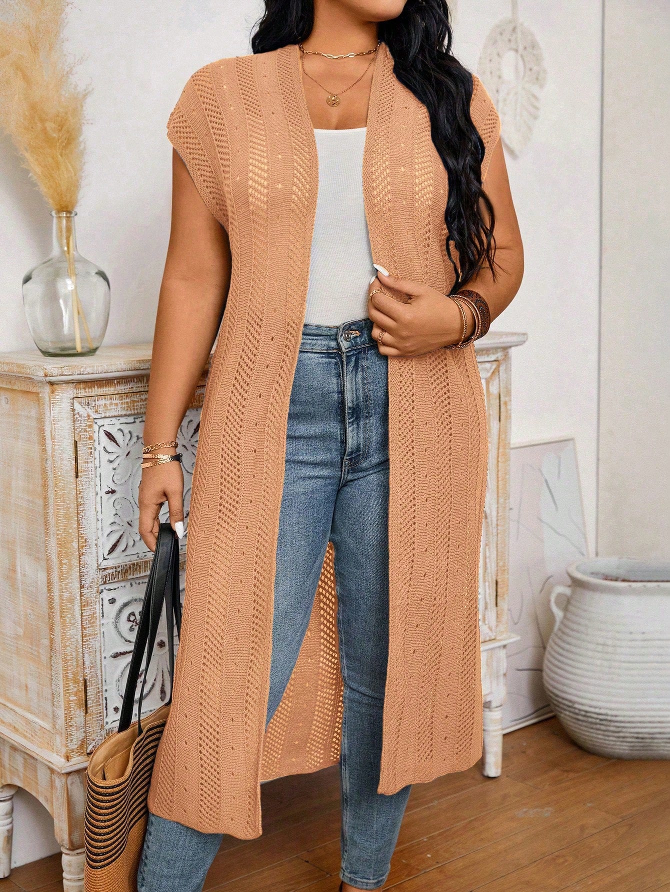 Plus Size Solid Color Long Cardigan With Flare Sleeves