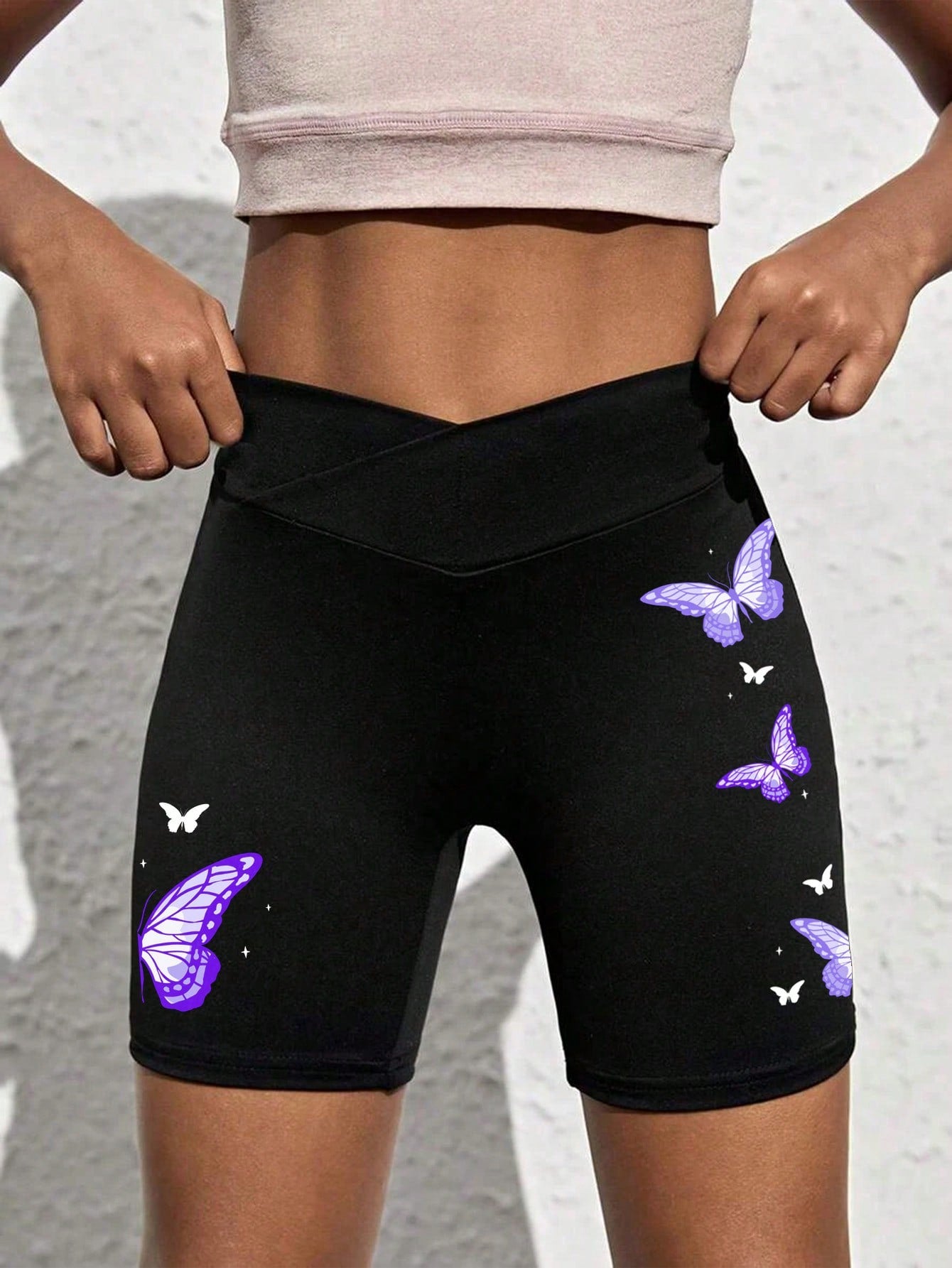 Teen Girl Casual Simple Purple Butterfly Printed Black Shorts For Summer