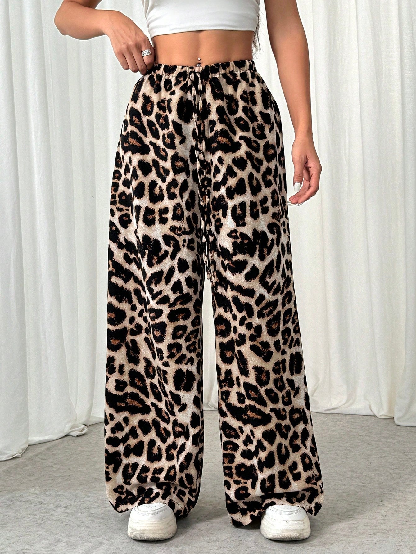 Loose Striped Wide-Leg Pants With Front Tie, Casual Wear