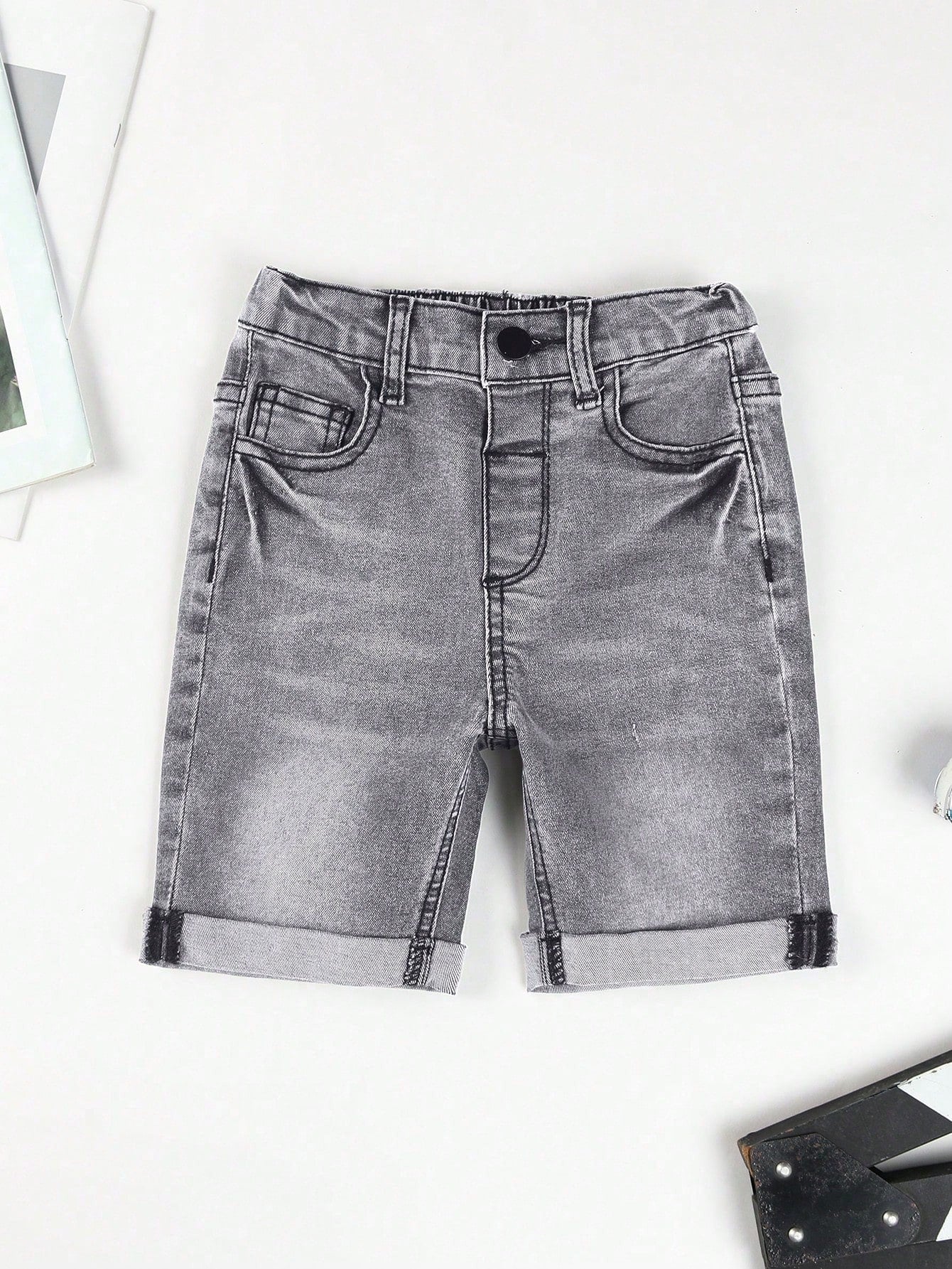 Young Boy Casual Summer Outdoor Micro-Elastic Black Denim Jeans Shorts, Personality And Versatile