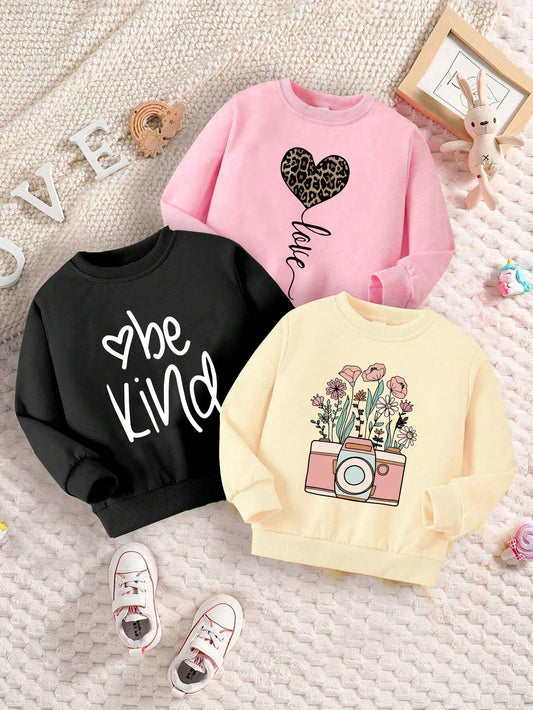 Girls' Casual Cute Cartoon Leopard Print, Balloon, Flower, Camera, Letter Slogan Graphic Basic Fleece Sweatshirt