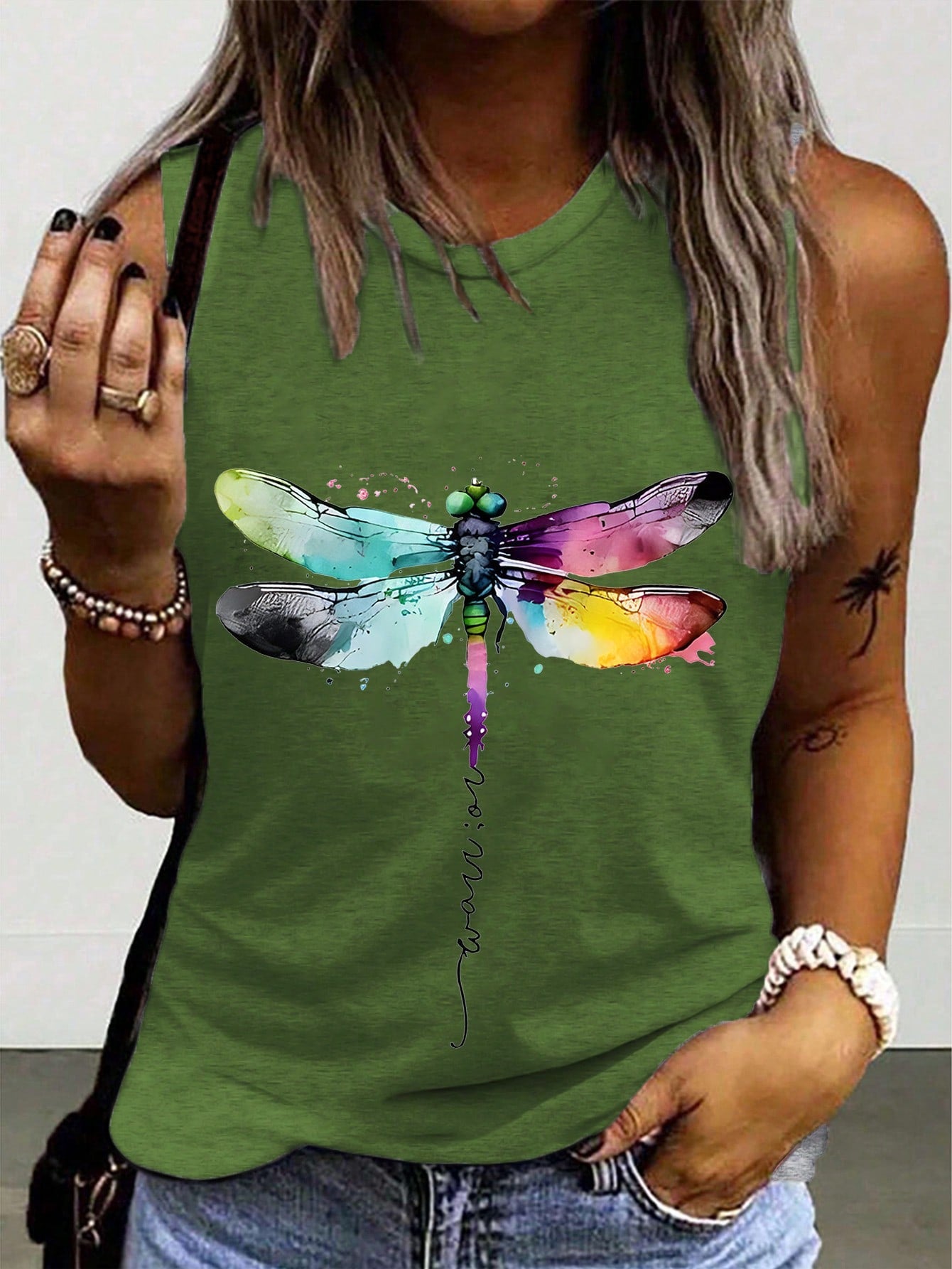 Ladies' Dragonfly Printed Round Neck Tank Top