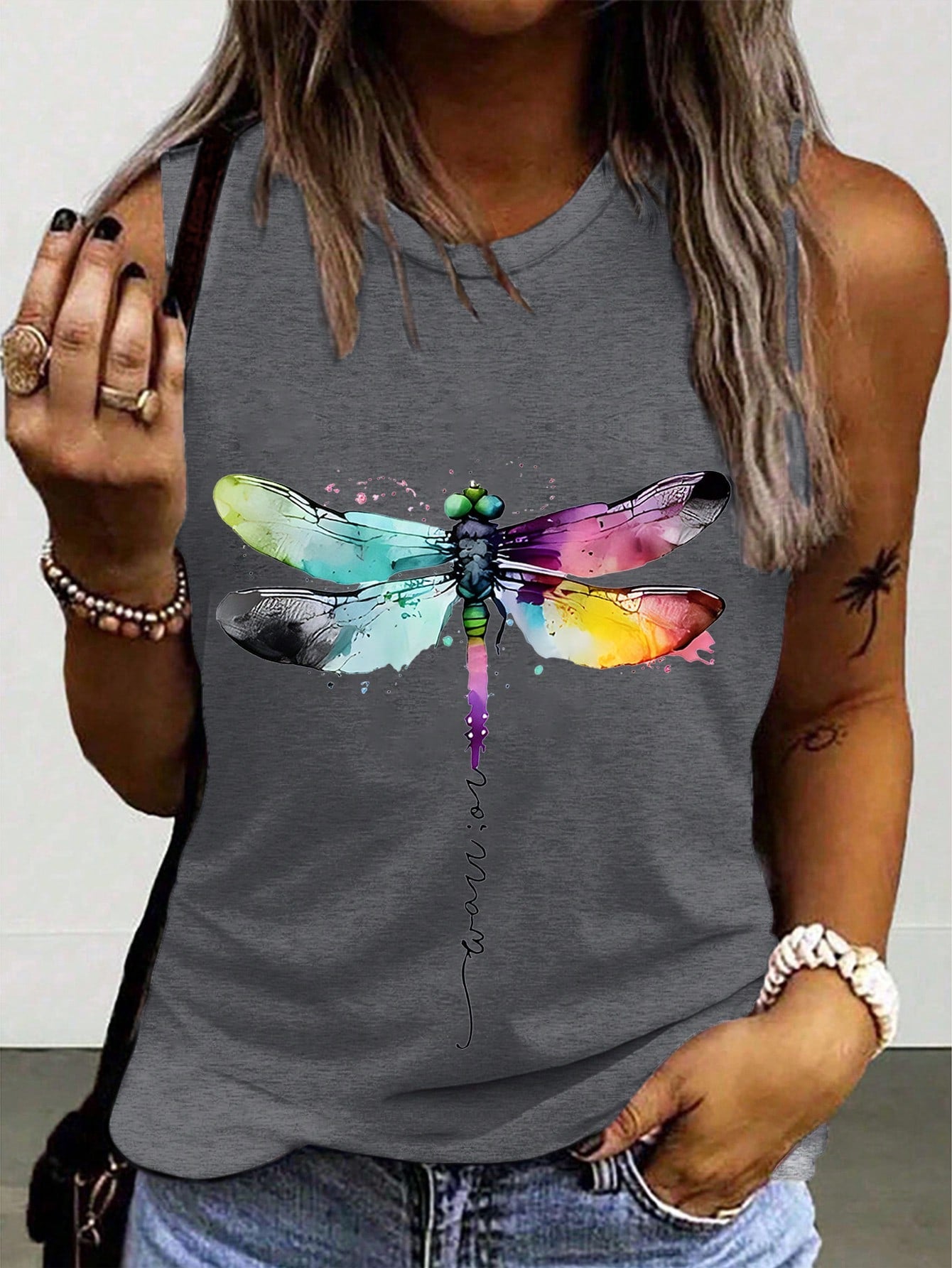 Ladies' Dragonfly Printed Round Neck Tank Top