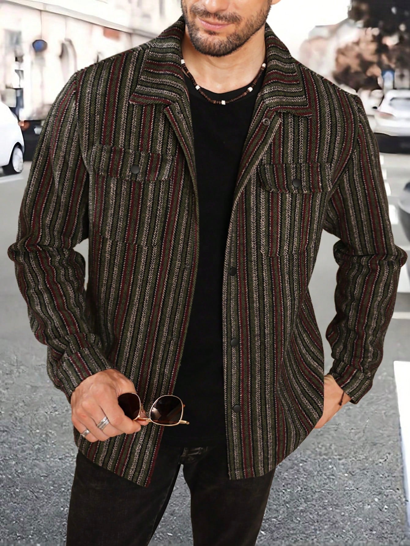 Men's Retro Utility Pockets Vertical Striped Long Sleeve Shirt Jacket