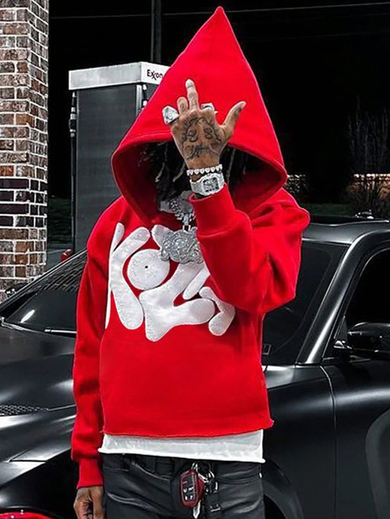 Men's Fall/Winter Letter Printed Drop Shoulder Long Sleeve Short Hooded Sweatshirt