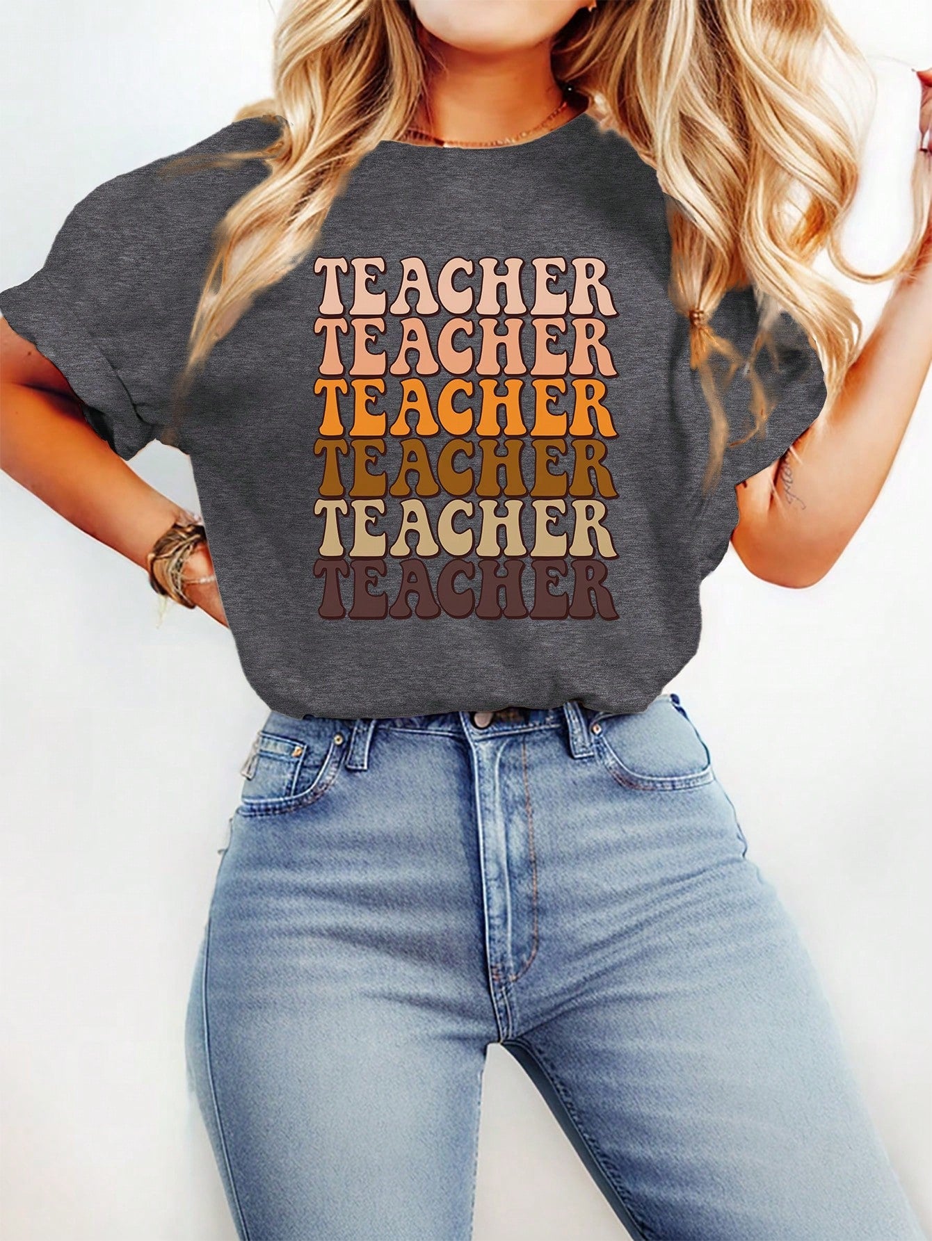 カジュアルミニマリストパターンラウンドネック半袖プラスサイズTシャツ、夏に最適、女性用 TEACHER TEACHER TEACHER TEACHER TEACHER