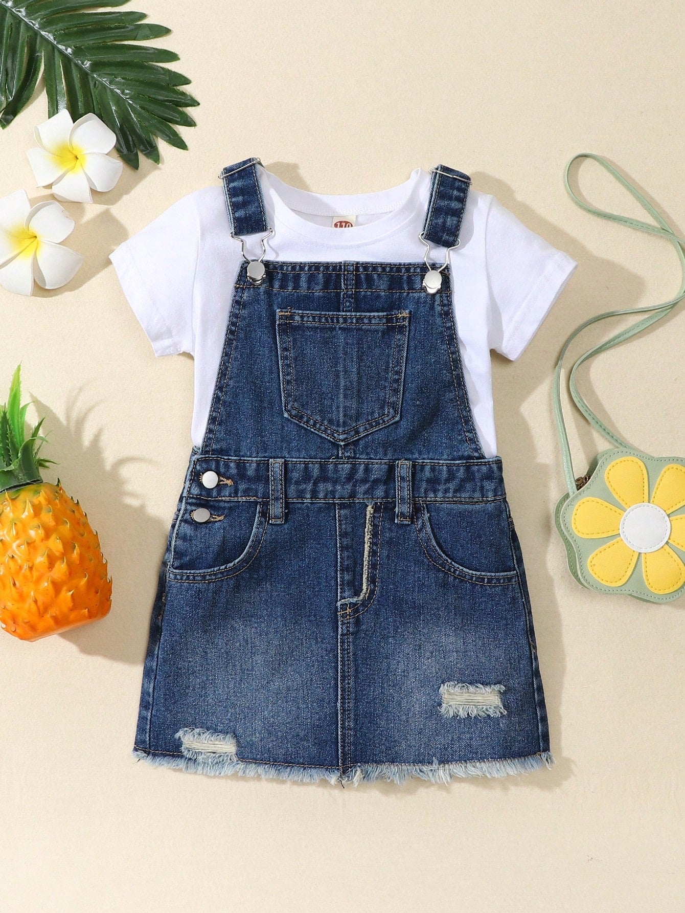 Young Girl Casual Distressed Frayed Hem Denim Jumpsuit Dress For Summer