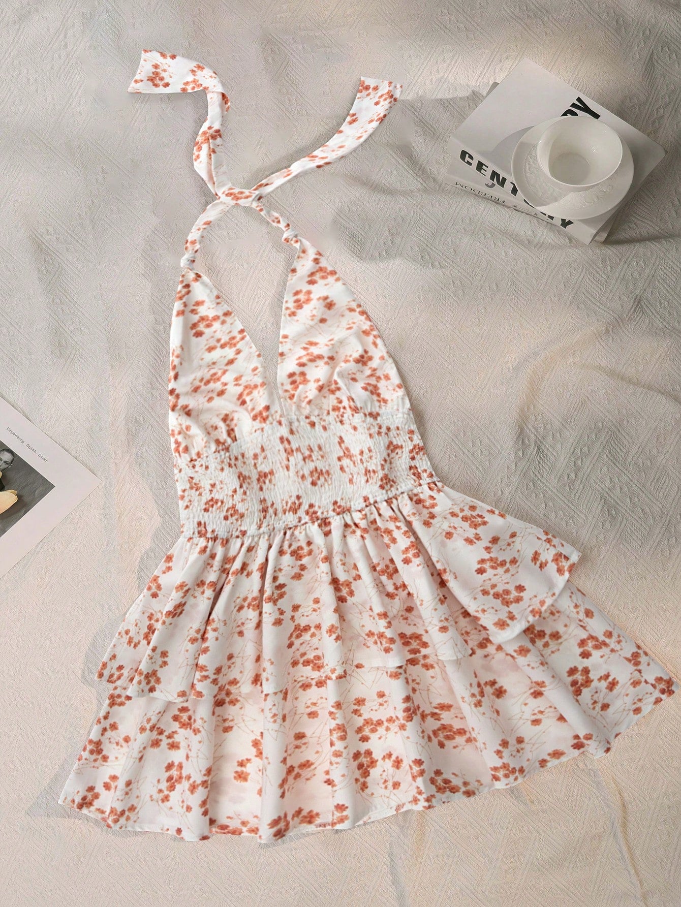 Floral Print Tie Backless Halter Dress For Summer