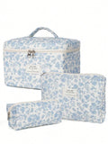 Foam Quilted Makeup Bag,Cute Women's Cosmetic Bag, Flower Aesthetic Print Pattern Cosmetic Pouch Set, Travel Toiletries Organizer Bag