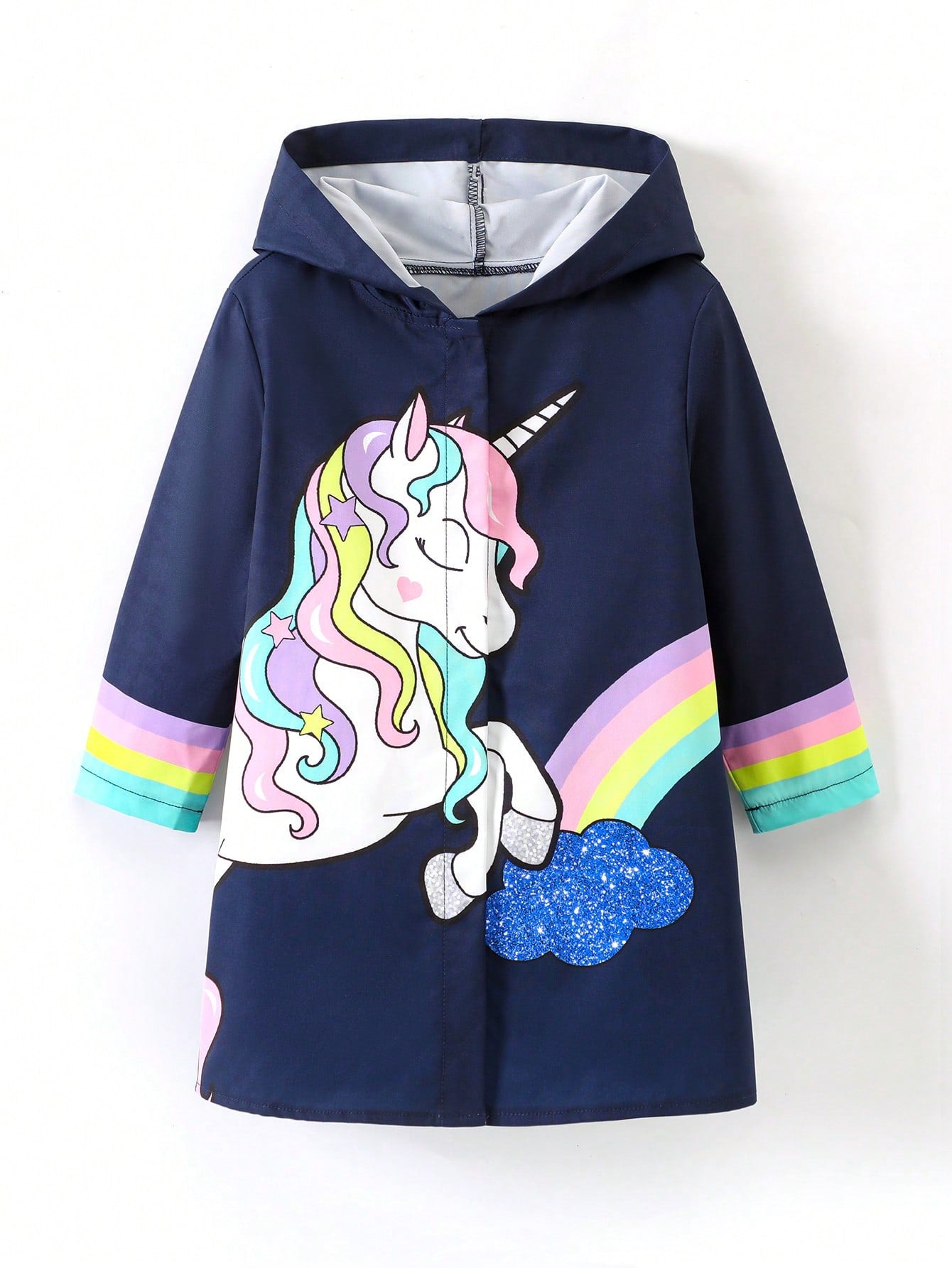 Girls' Unicorn Printed Hooded Mid-Length Casual Coat, Suitable For Spring And Autumn