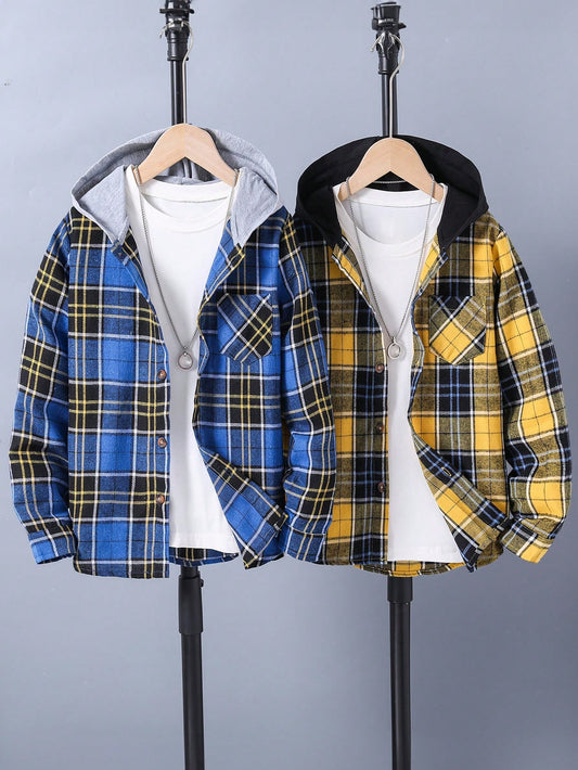 2pcs/Pack Boys' Long Sleeve Plaid Hooded Shirt Suitable For Back To School, Outer Wear