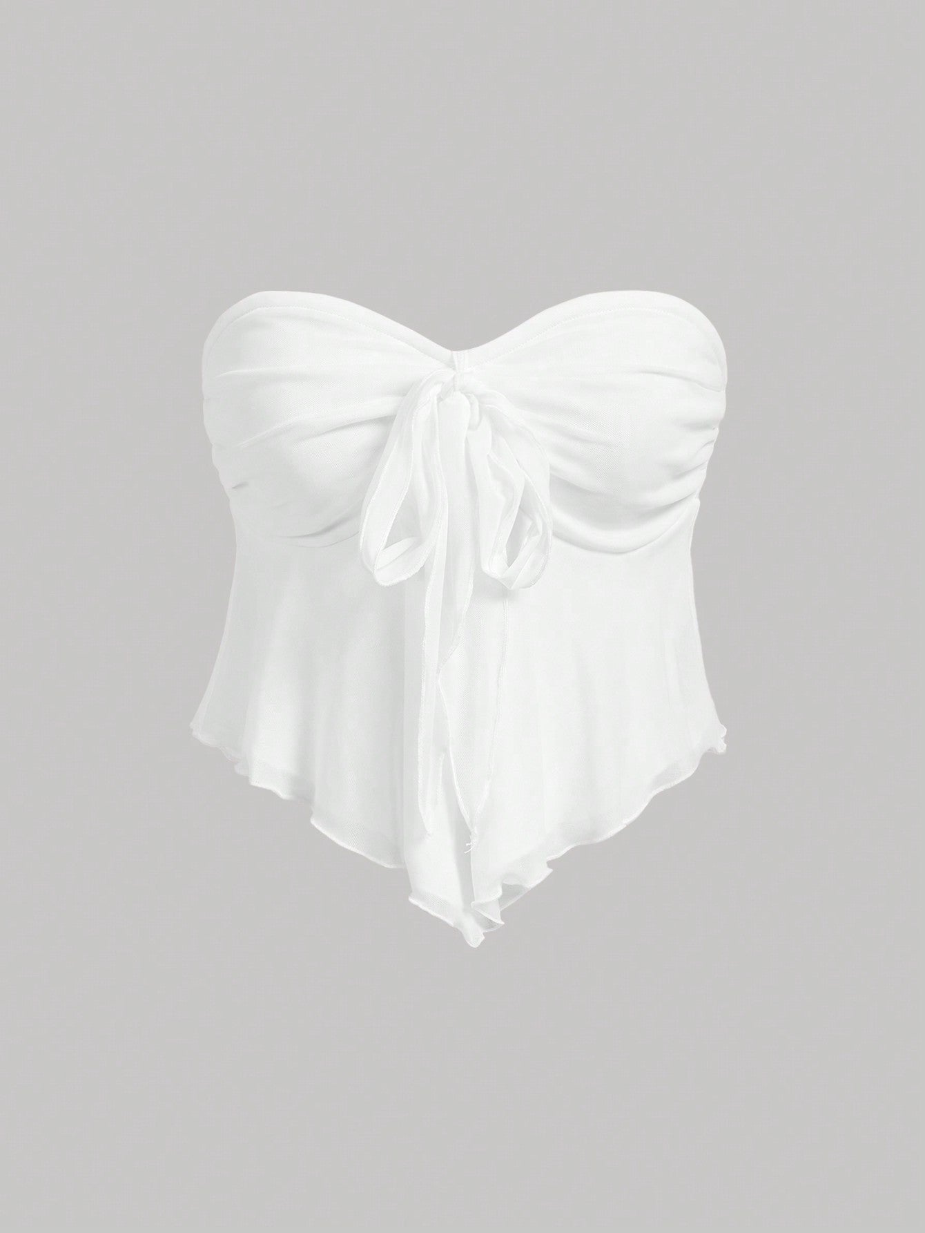 Women's V-Shaped Hem Mesh Strapless Top With Bow Belt