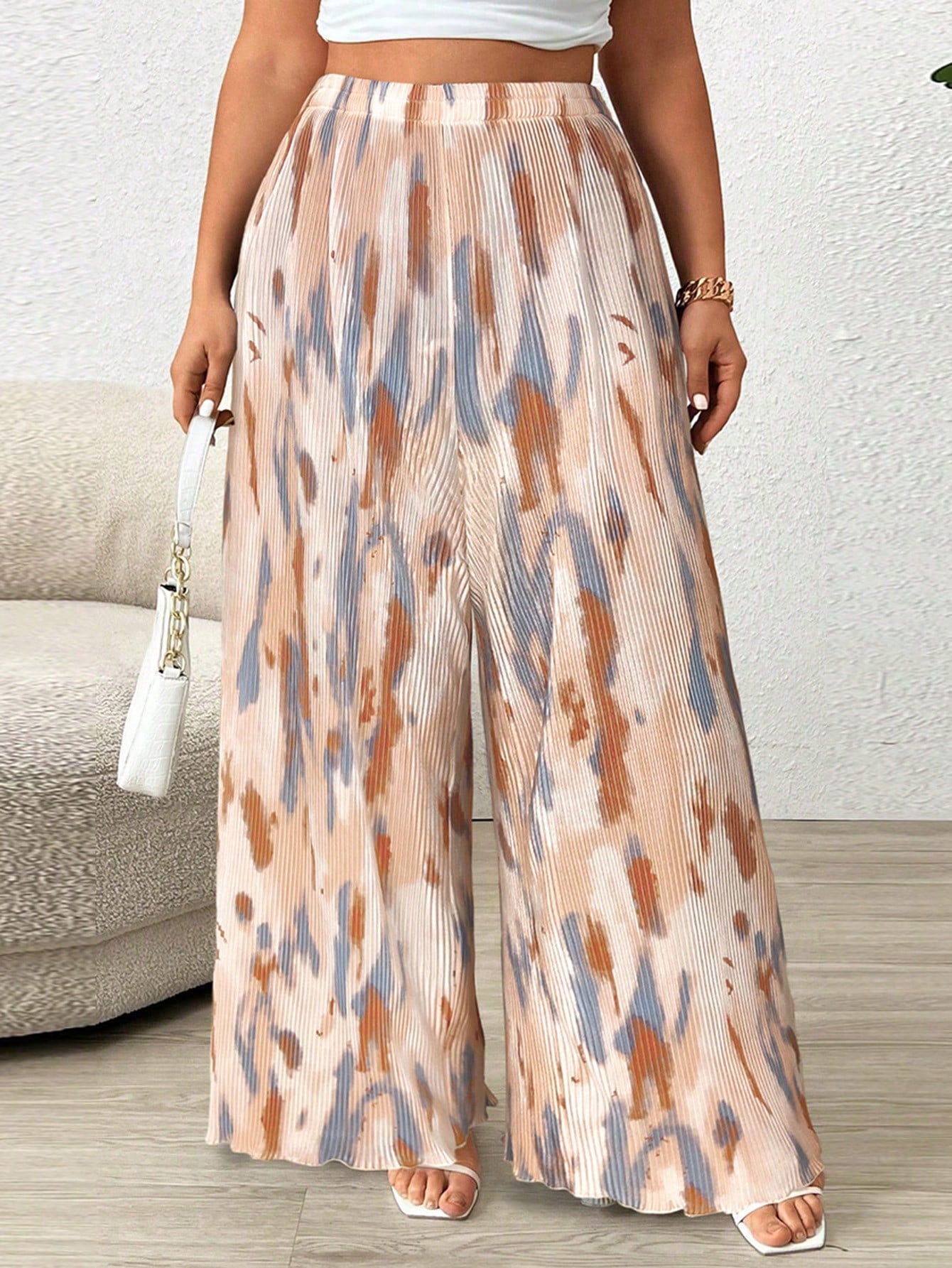 Frenchy Plus Size Women's Tie Dye Pleated High Waist Wide Leg Loose Pants