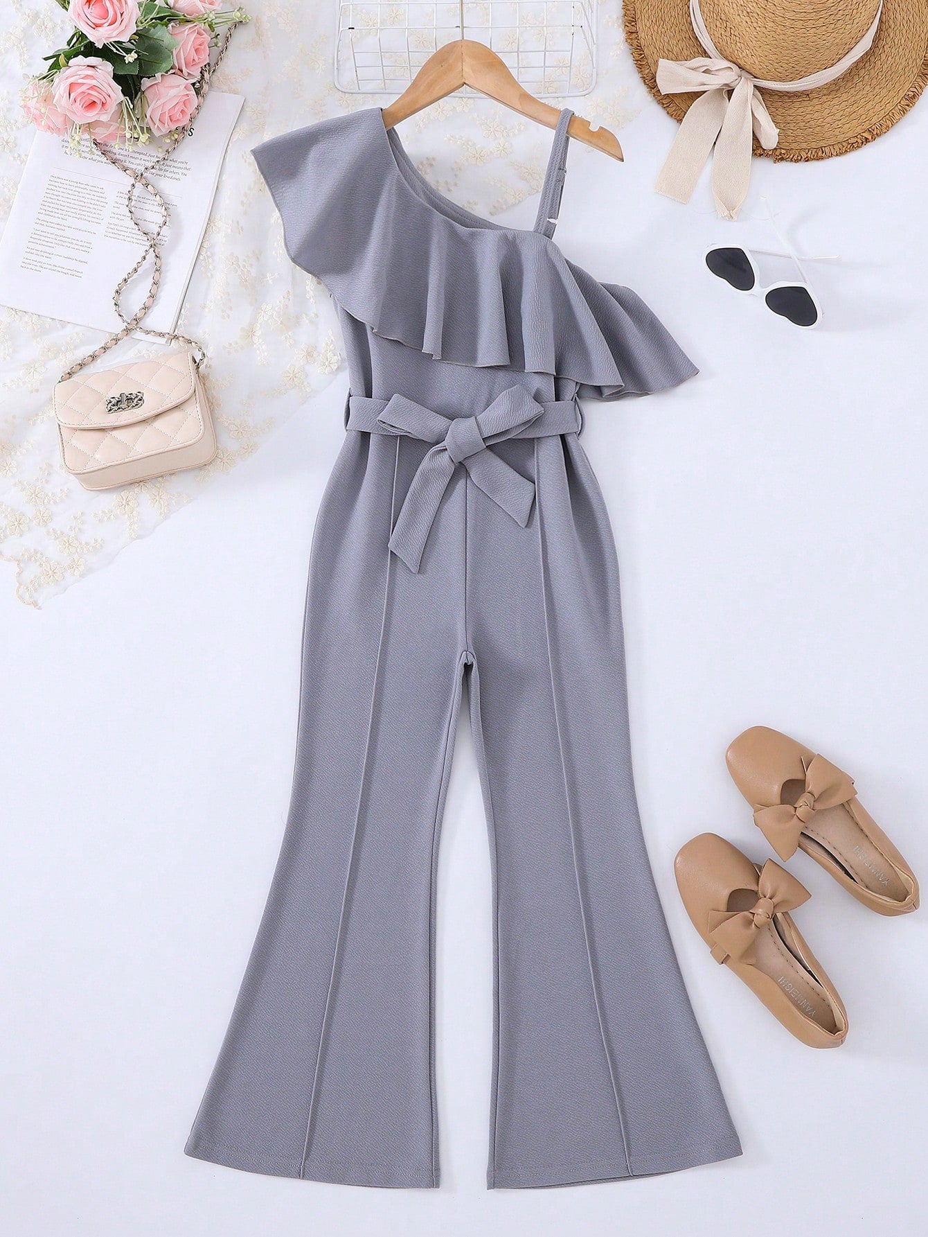 Tween Girl Asymmetrical Neck Ruffle Trim Belted Flare Leg Jumpsuit