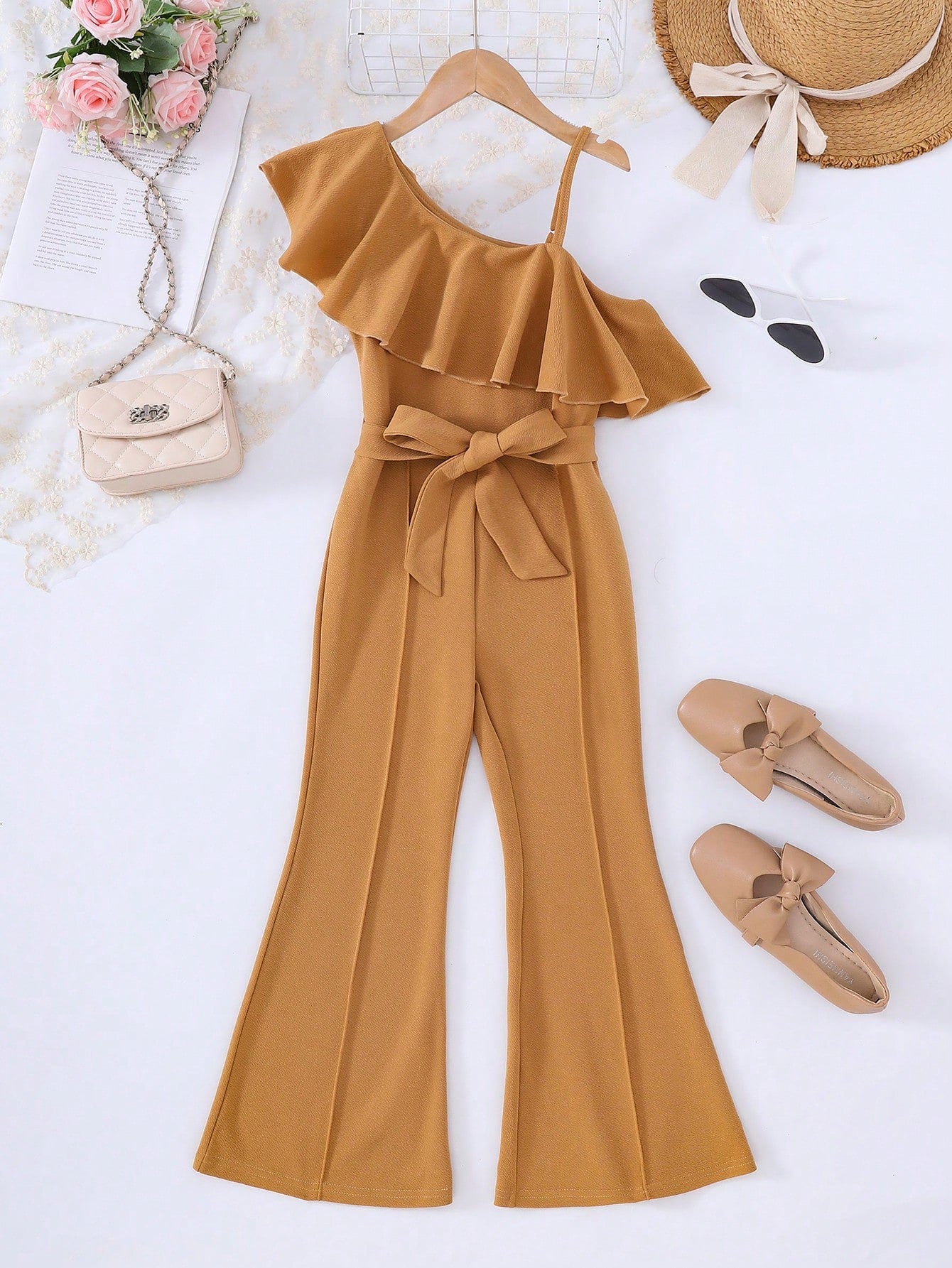 Tween Girl Asymmetrical Neck Ruffle Trim Belted Flare Leg Jumpsuit