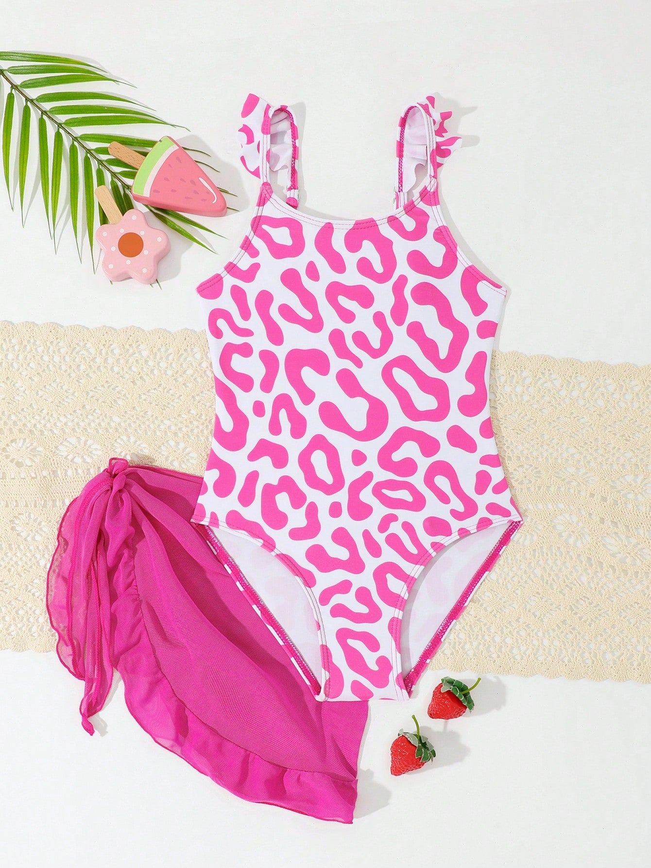 Young Girl Leopard Print Ruffle One-Piece Swimsuit And Tied Swim Skirt Set, Random Printed