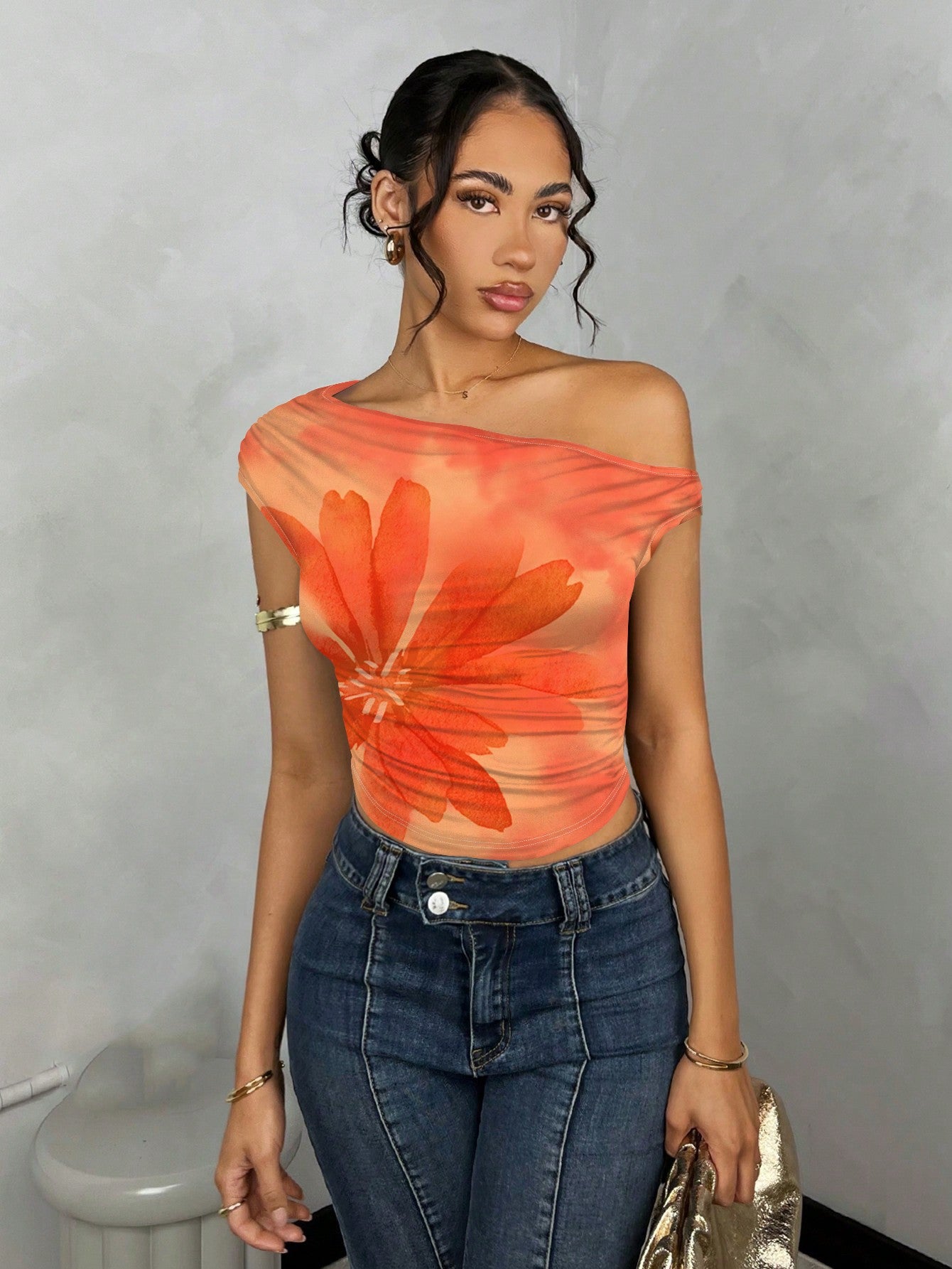 Women's Floral Printed Ruched Asymmetric Asymmetrical Neck Summer Top