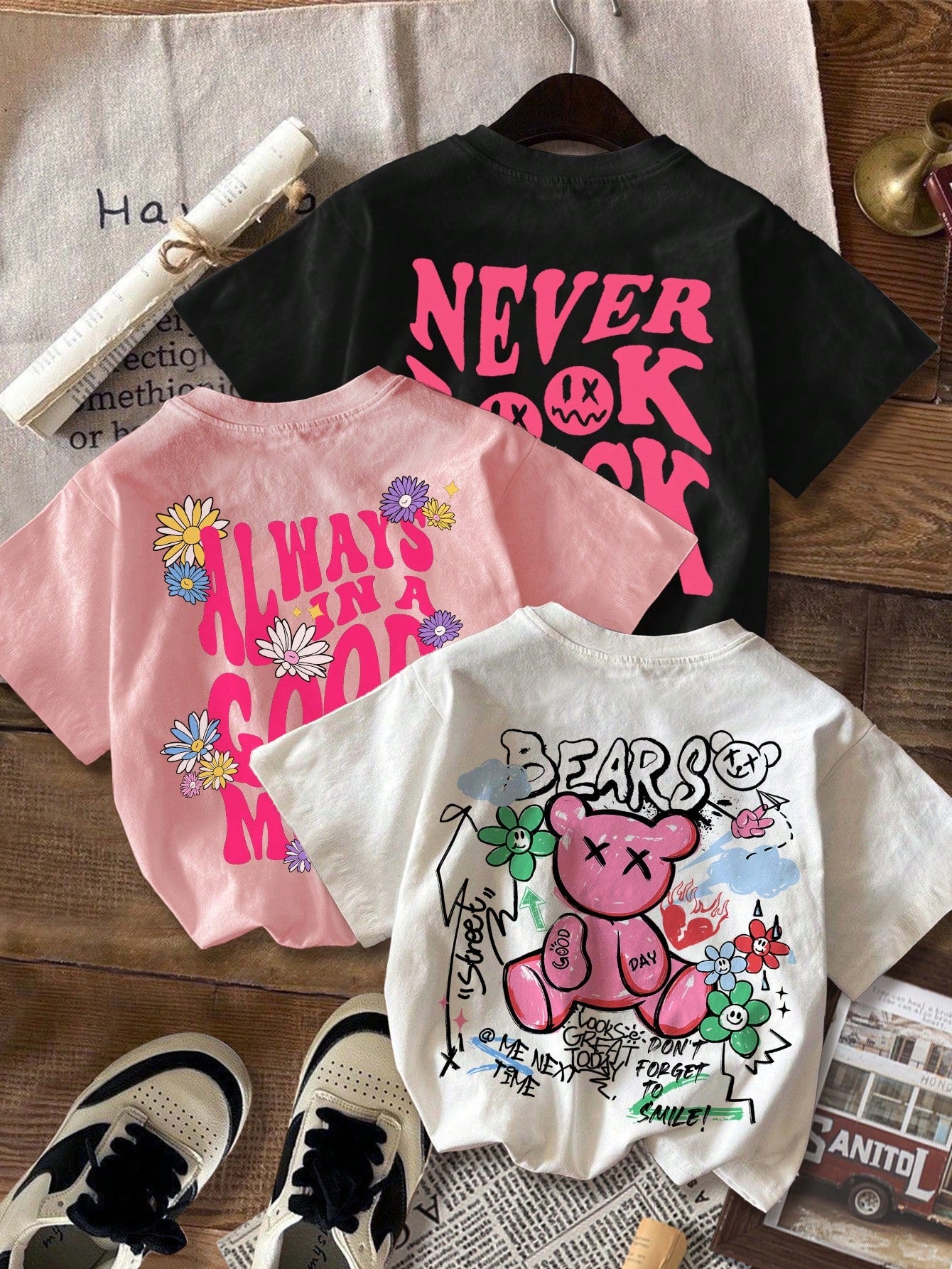 Retro 90s, 3pcs/Set Casual And Vintage Short Sleeve T-Shirt With Scenic Pattern, Suitable For Tween Girls In Summer