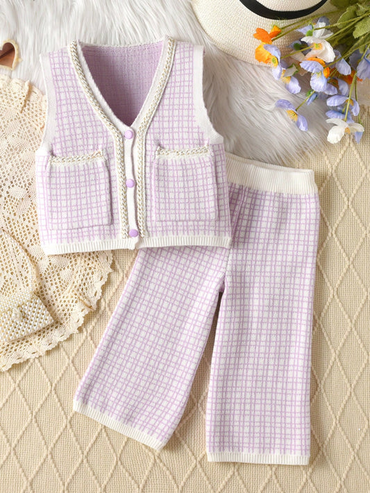 2pcs Young Girl's Checkered Splice Ribbon Pockets Sweater Vest And Knit Pants Casual Outfit, Summer