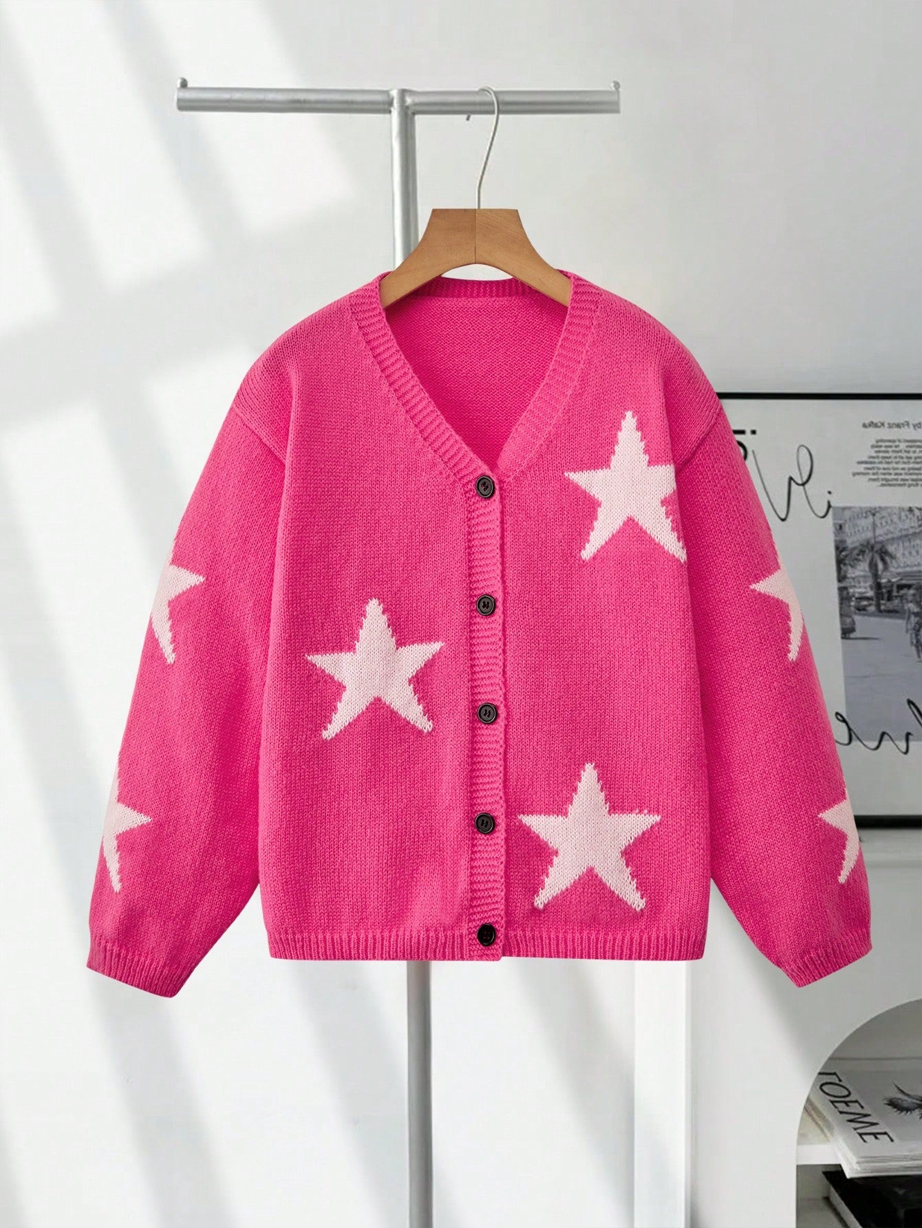 Tween Girls' V-Neck Button Up Loose Casual Star Pattern Cardigan Sweater