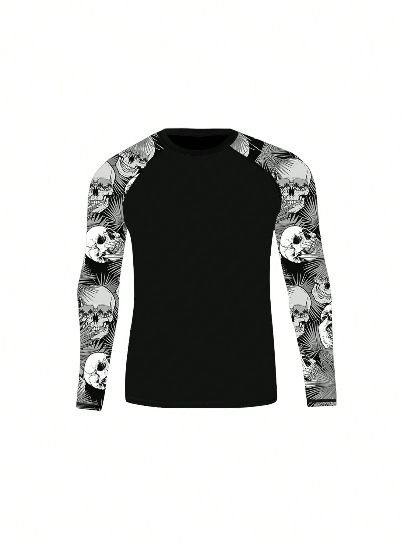 Men's Skull Print Crew Neck Long Sleeve Surfing T-Shirt, Summer