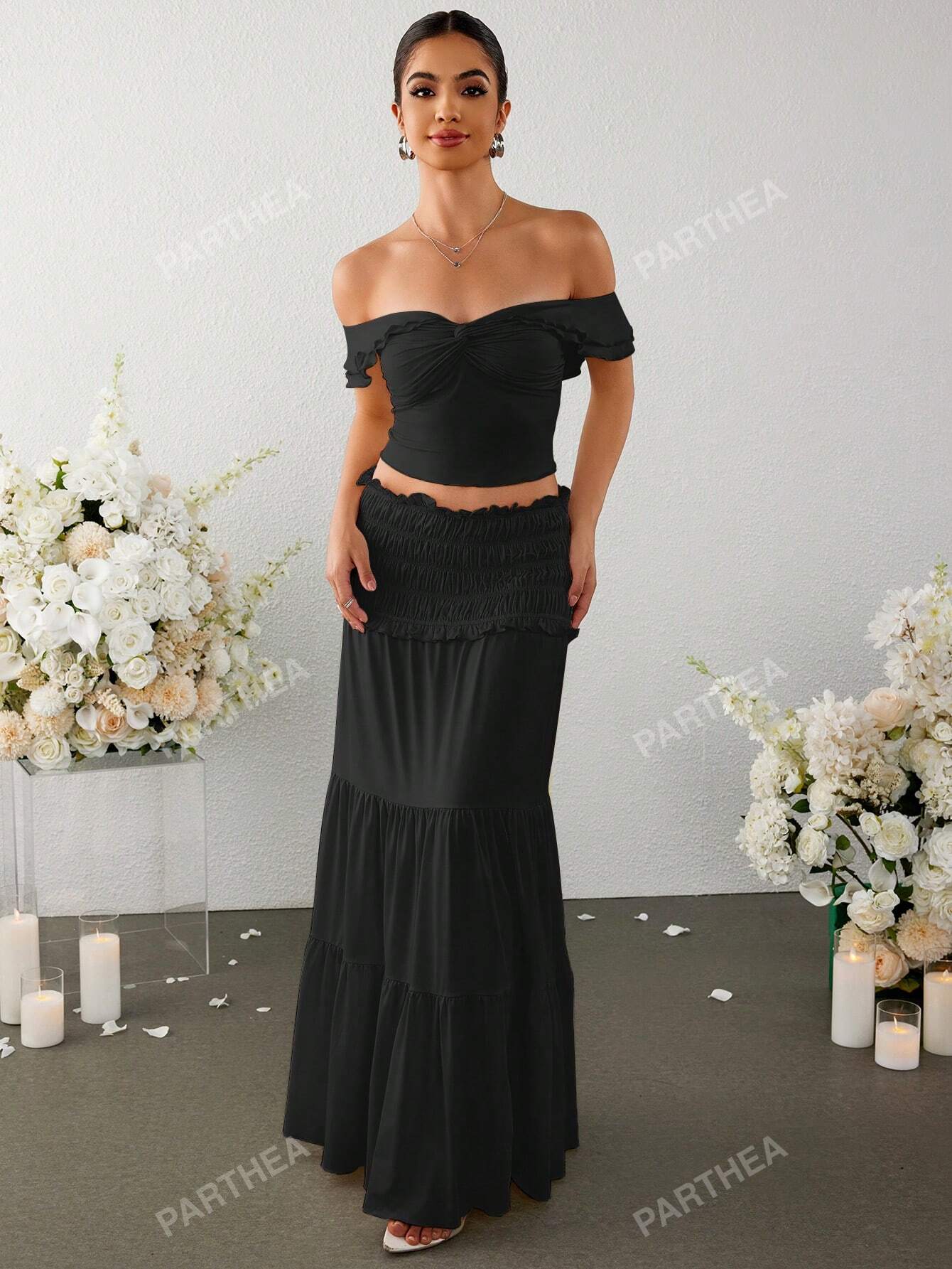 PARTHEA Off Shoulder Ruched Twist Fron Crop Top & Low Waist Ruffles Skirt Set