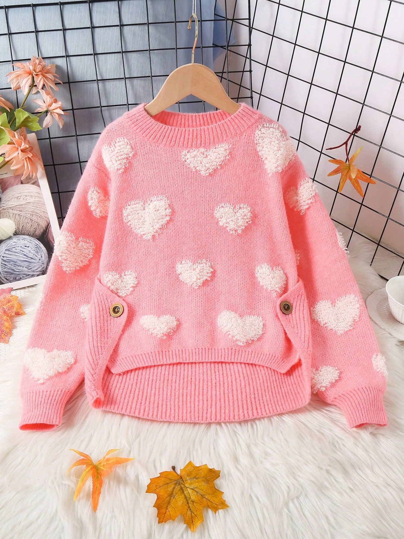 Tween Girls' Soft Knit Crew Neck Sweater With 3D Heart Design And Buttons