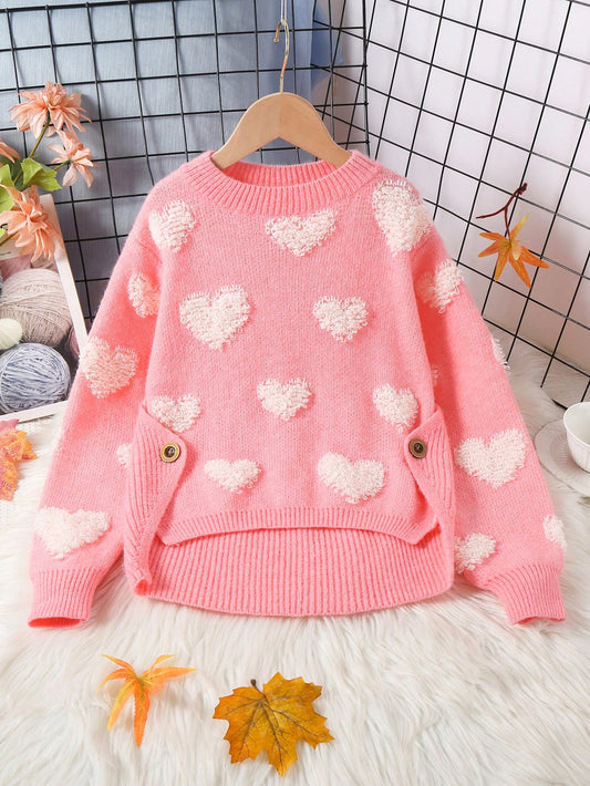 Tween Girls' Soft Knit Crew Neck Sweater With 3D Heart Design And Buttons