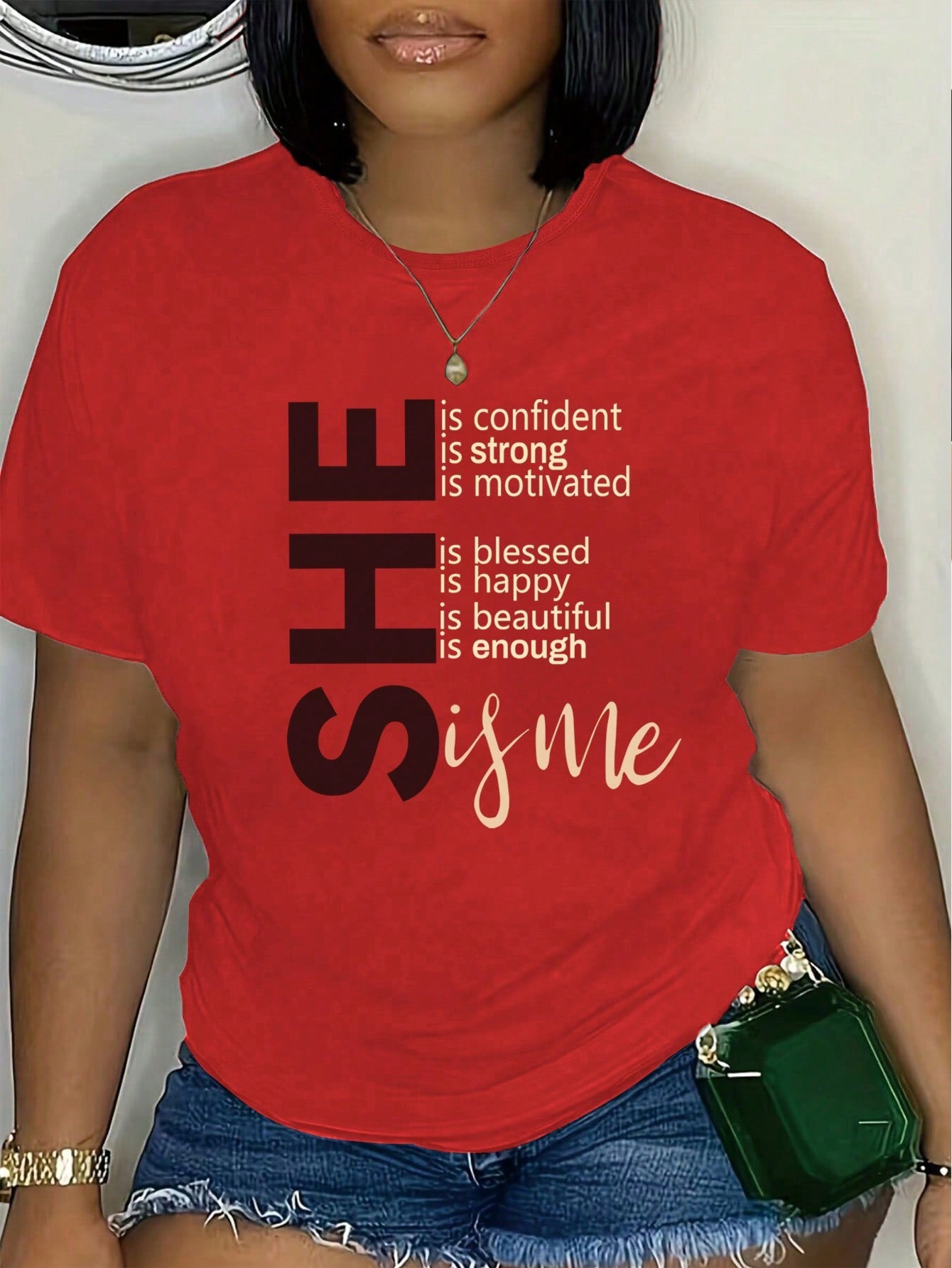 Plus Short-Sleeved T-Shirt With Slogan SHE Is Confident Is Strong Is Motivated Is Happy Is Beautiful Is Enough Is Me