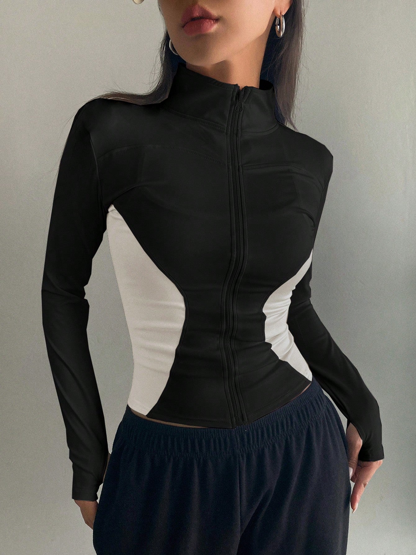 Women's Zippered Stand Collar Long Sleeve Jacket