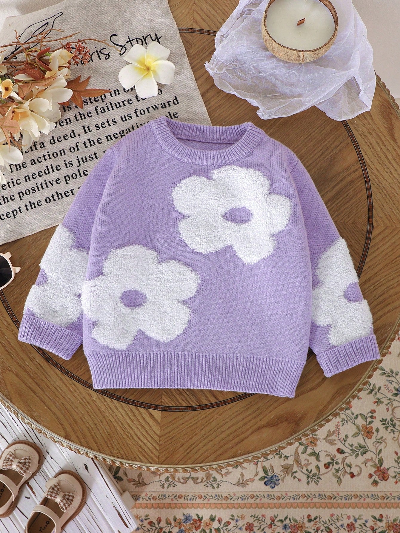 Girls' Purple Fashionable, Casual And Comfortable Round Neck Knitted Sweater With  3D Flower Pattern, Suitable For Home, Daily Wear, School, Outdoor Activities And Parties, Perfect For Autumn And Winter