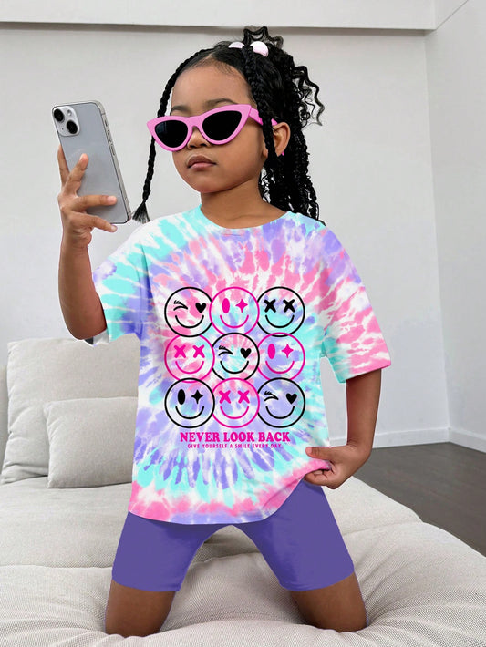 Young Girl's Casual And Simple Letter Print Short Sleeve T-Shirt And Shorts Set Suitable For Summer