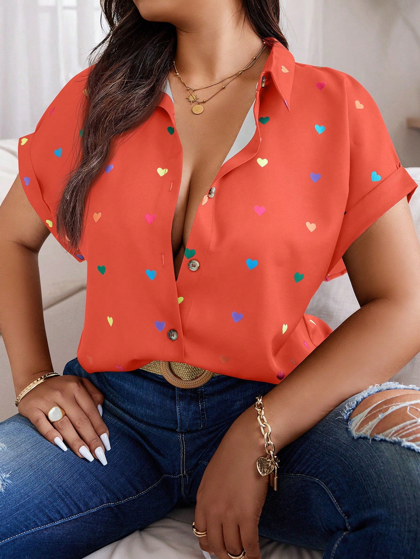 Plus Size Summer Casual Random Heart Print Button-Front Shirt