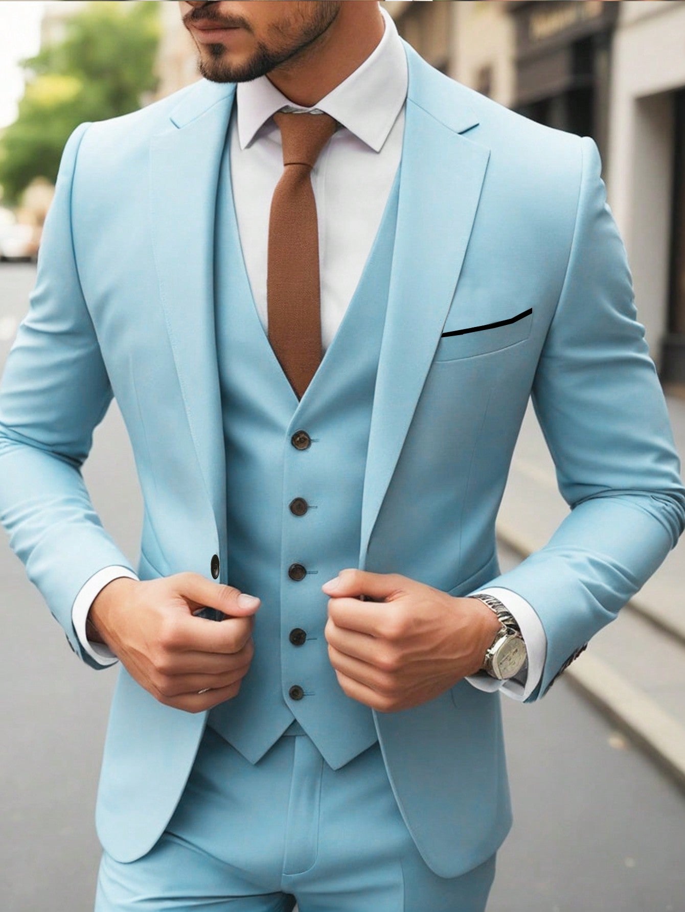 Men Solid Single Button Lapel Collar Blazer