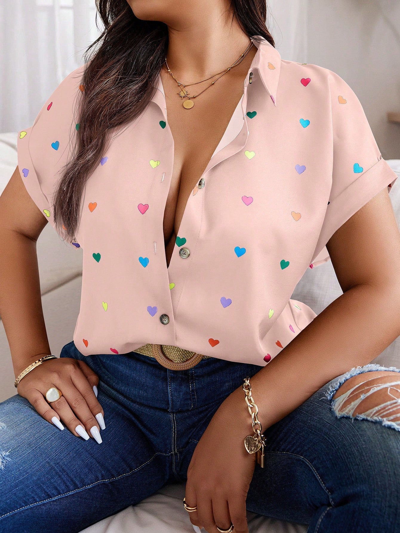 Plus Size Summer Casual Random Heart Print Button-Front Shirt