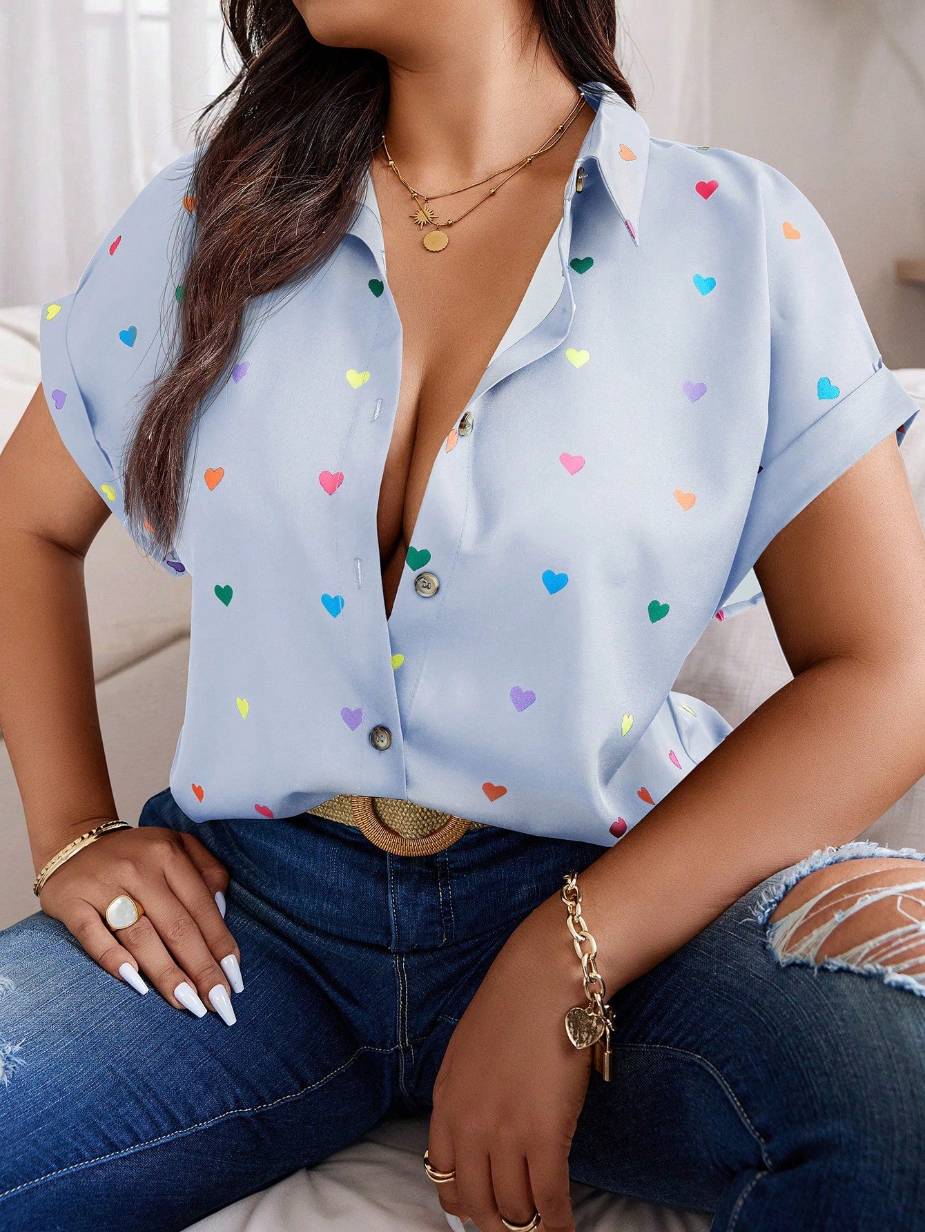 Women's Plus Size Heart Print Button Down Shirt.