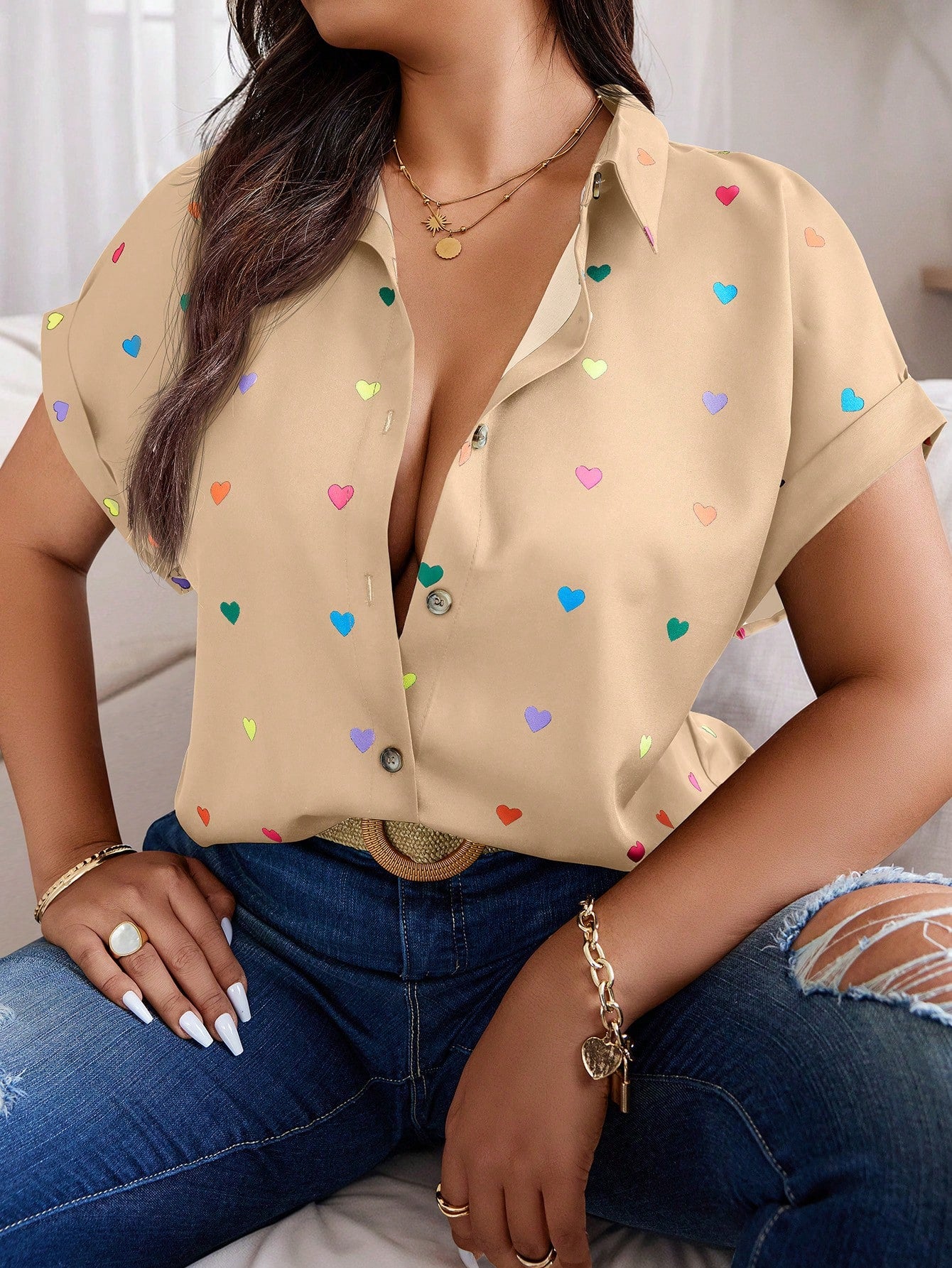 Plus Size Summer Casual Random Heart Print Button-Front Shirt