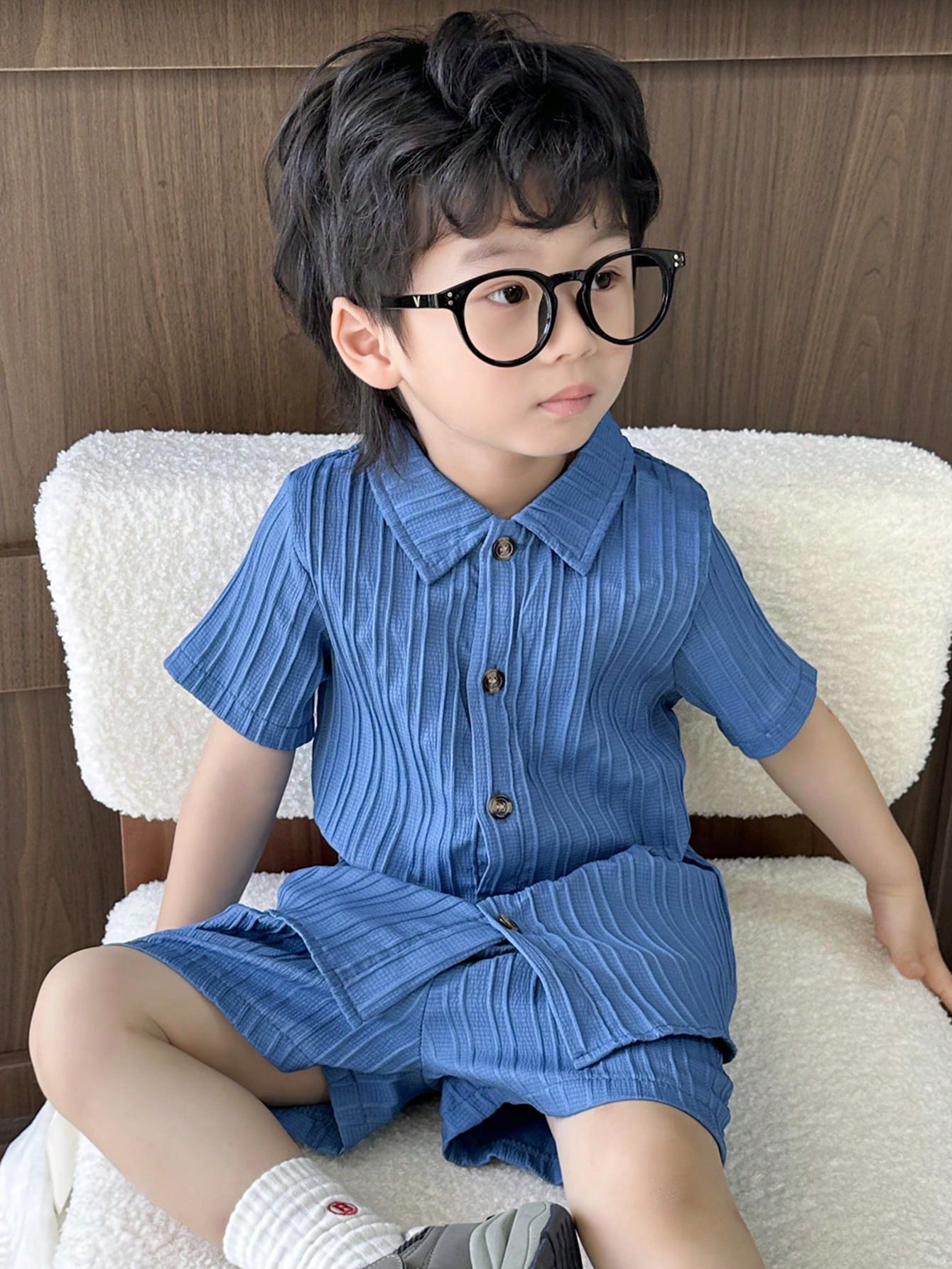 Young Boy Solid Button Front Shirt & Shorts Without Tee