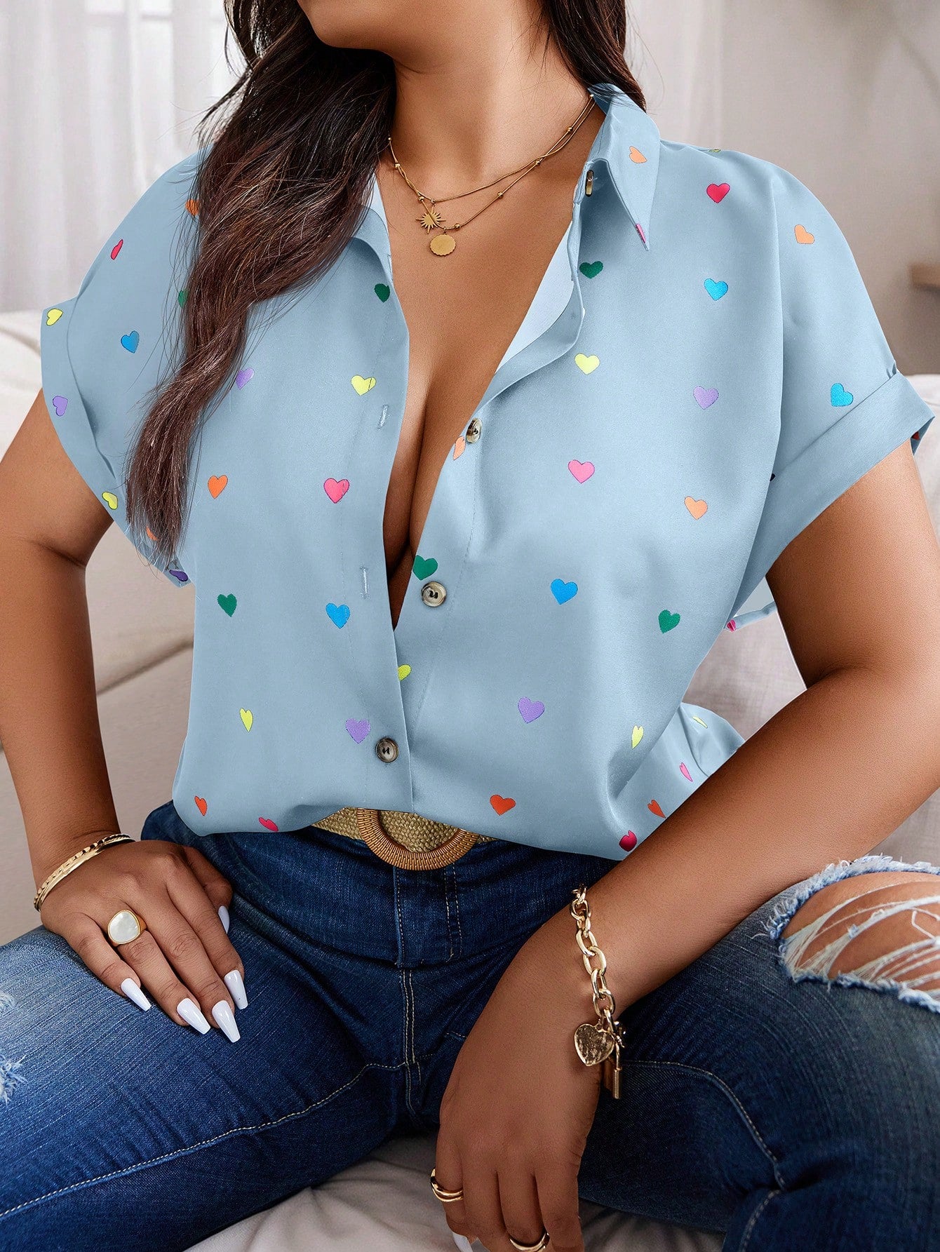 Plus Size Summer Casual Random Heart Print Button-Front Shirt