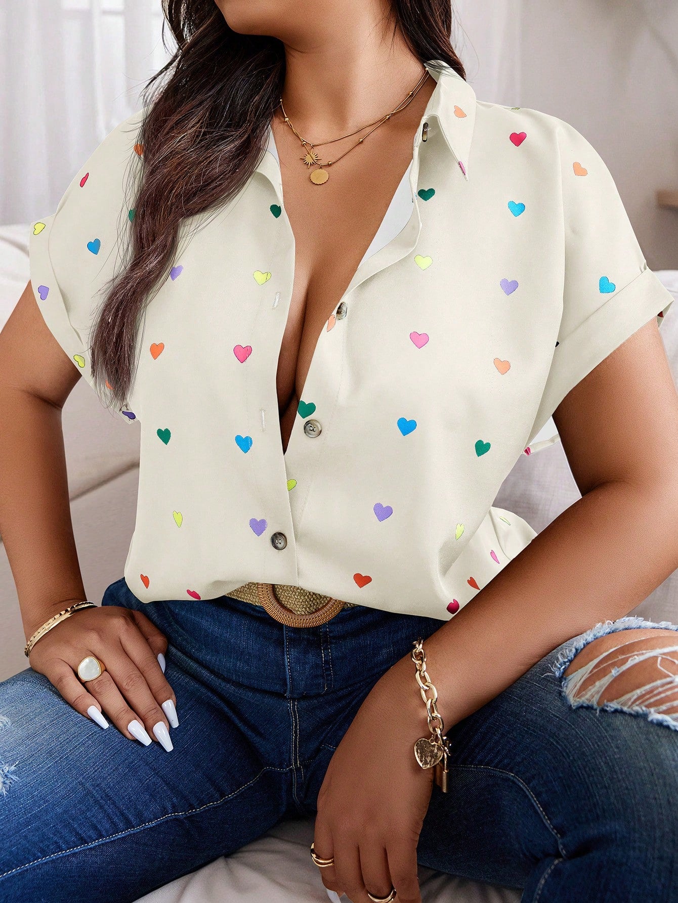 Plus Size Summer Casual Random Heart Print Button-Front Shirt