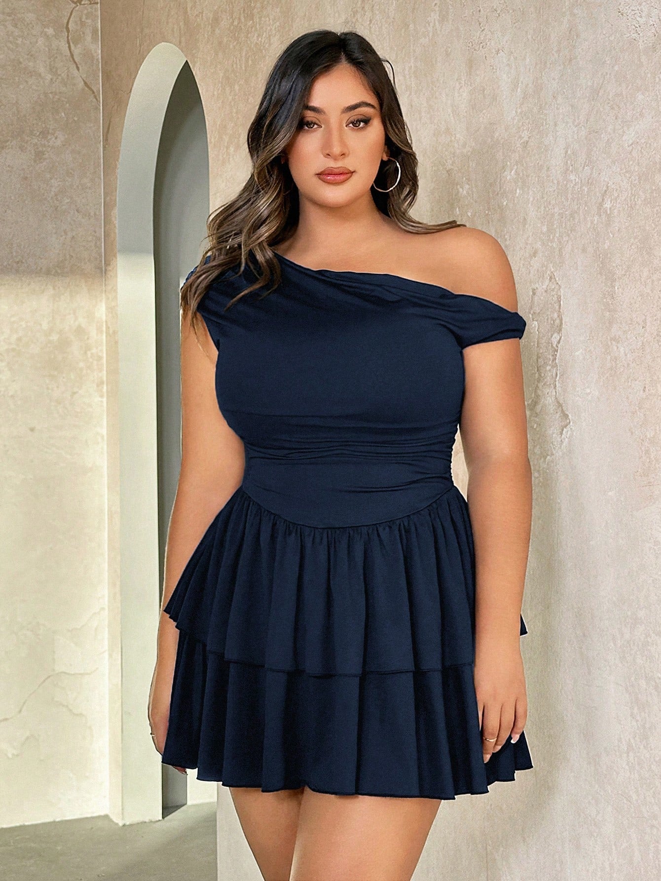 Plus Size Summer Black Asymmetrical Slope Neck Pleated Knit Pleated Mini Dress Suitable For Holiday Date Outfit