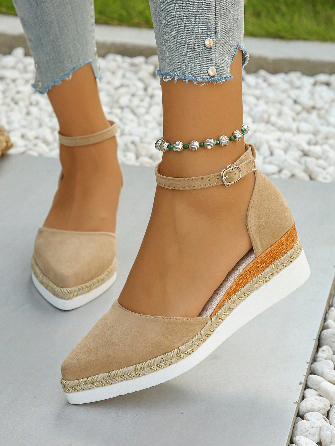 2024 New Summer Fashion Women's Shoes One-Strap Hollow-Out Pointed Toe Platform Wedge Casual Shoes