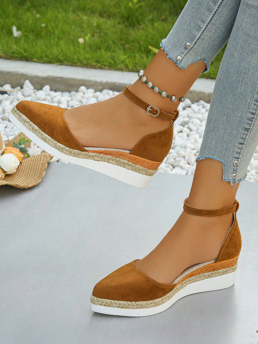 2024 New Summer Fashion Women's Shoes One-Strap Hollow-Out Pointed Toe Platform Wedge Casual Shoes