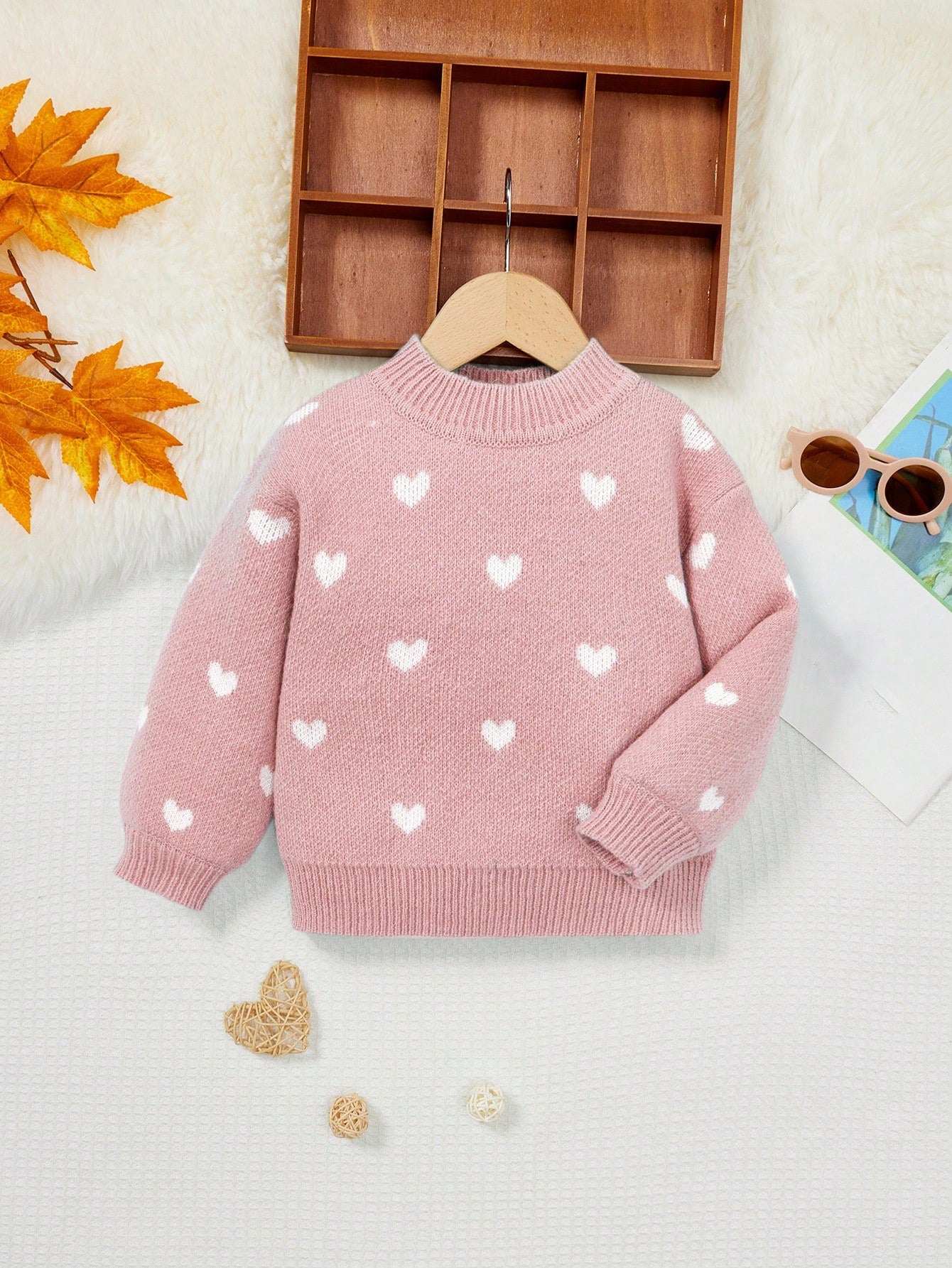 Young Girl Heart Pattern Drop Shoulder Sweater