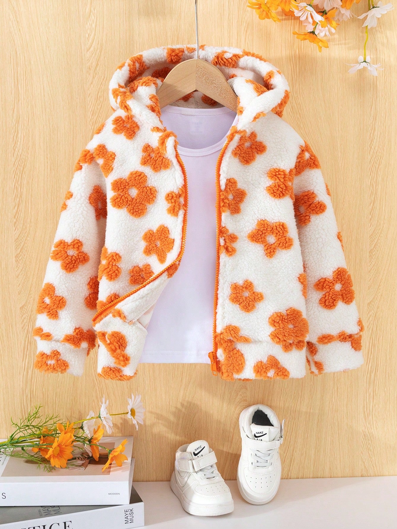 Toddler Girls' Winter Fleece Lined Thick Hooded Jacket With 3D Flower